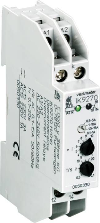 Stromüberwachungsrelais mit Einstellknöpfen zur Regelung des Betriebs; geeignet für Wechselstrom 230 V, bei 50/60 Hz.