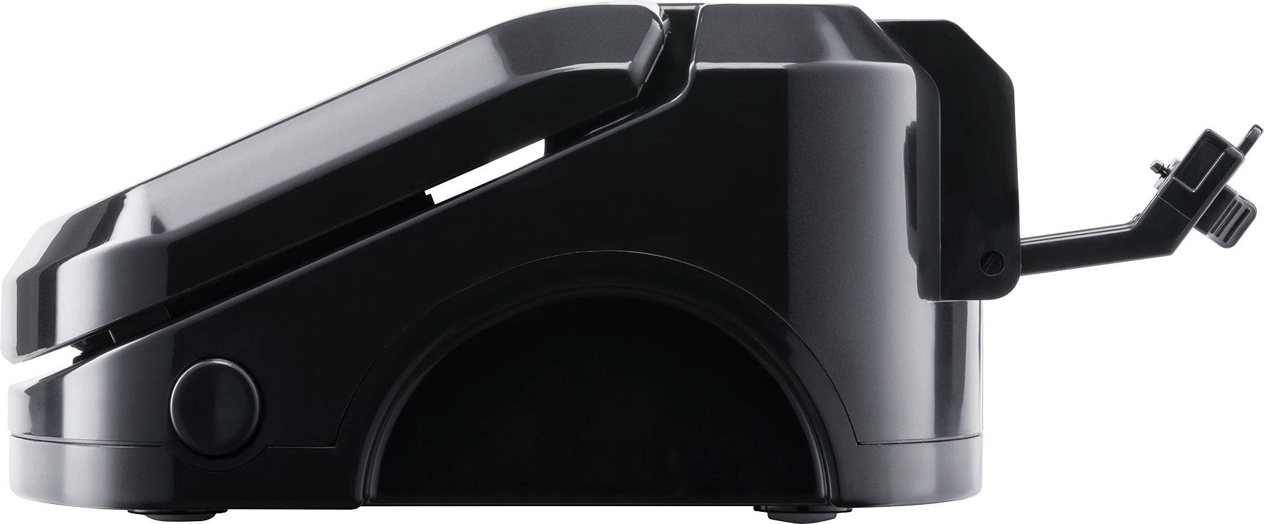 Ein schwarzes, modernes Haushaltsgerät mit klappbarem Griff in Seitenansicht. Es wirkt kompakt und funktional.