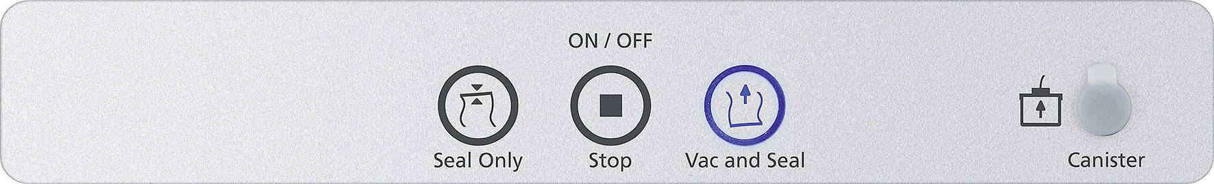 Bedienfeld mit vier Tasten: 'Seal Only', 'Stop', 'Vac and Seal' (ausgewählt), und 'Canister'. Oben: 'ON/OFF'. Verwendung zum Versiegeln und Vakuumieren.
