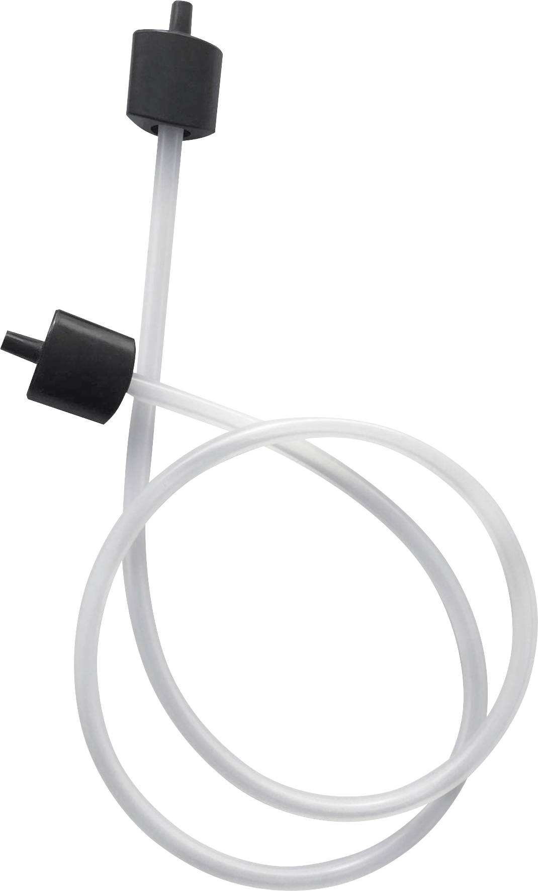 Ein transparenter Kunststoffschlauch mit schwarzen Anschlussstücken an beiden Enden, in einer lockeren Schleife geformt.