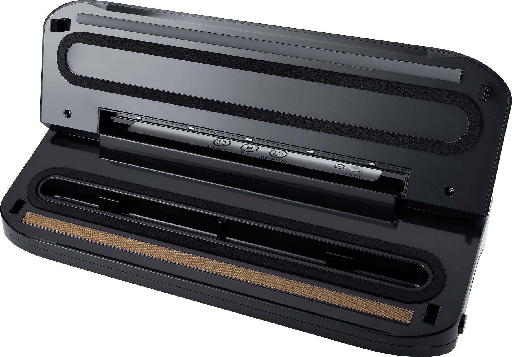 Versiegelungsgerät in schwarzer Farbe mit geöffnetem Deckel, zeigt die Dichtungsleiste und Bedienknöpfe. Geeignet für Lebensmittelverpackung.