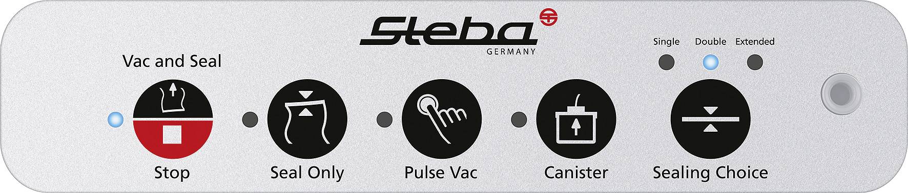 Bedienfeld eines Vakuumiergeräts mit fünf Funktionen: Stop, nur versiegeln, Puls-Vakuum, Behälter und Versiegelungsmodus. Status-LEDs sind sichtbar.