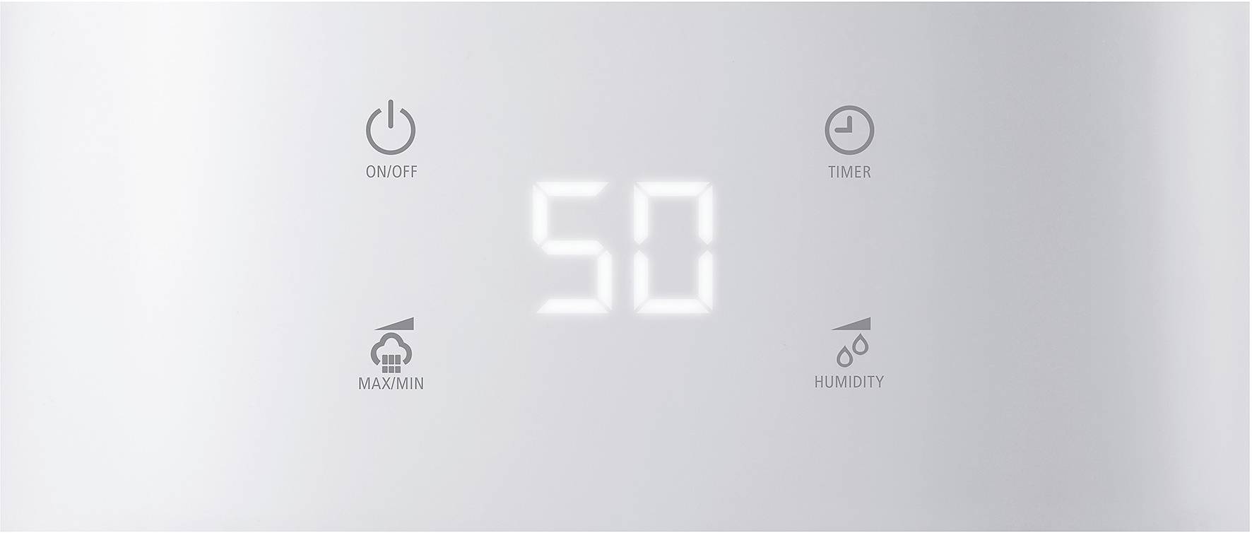 Anzeige eines Luftbefeuchters mit digitalem Display. Zeigt '50' in der Mitte, umgeben von Symbolen für Ein/Aus, Timer, Max/Min und Luftfeuchtigkeit.