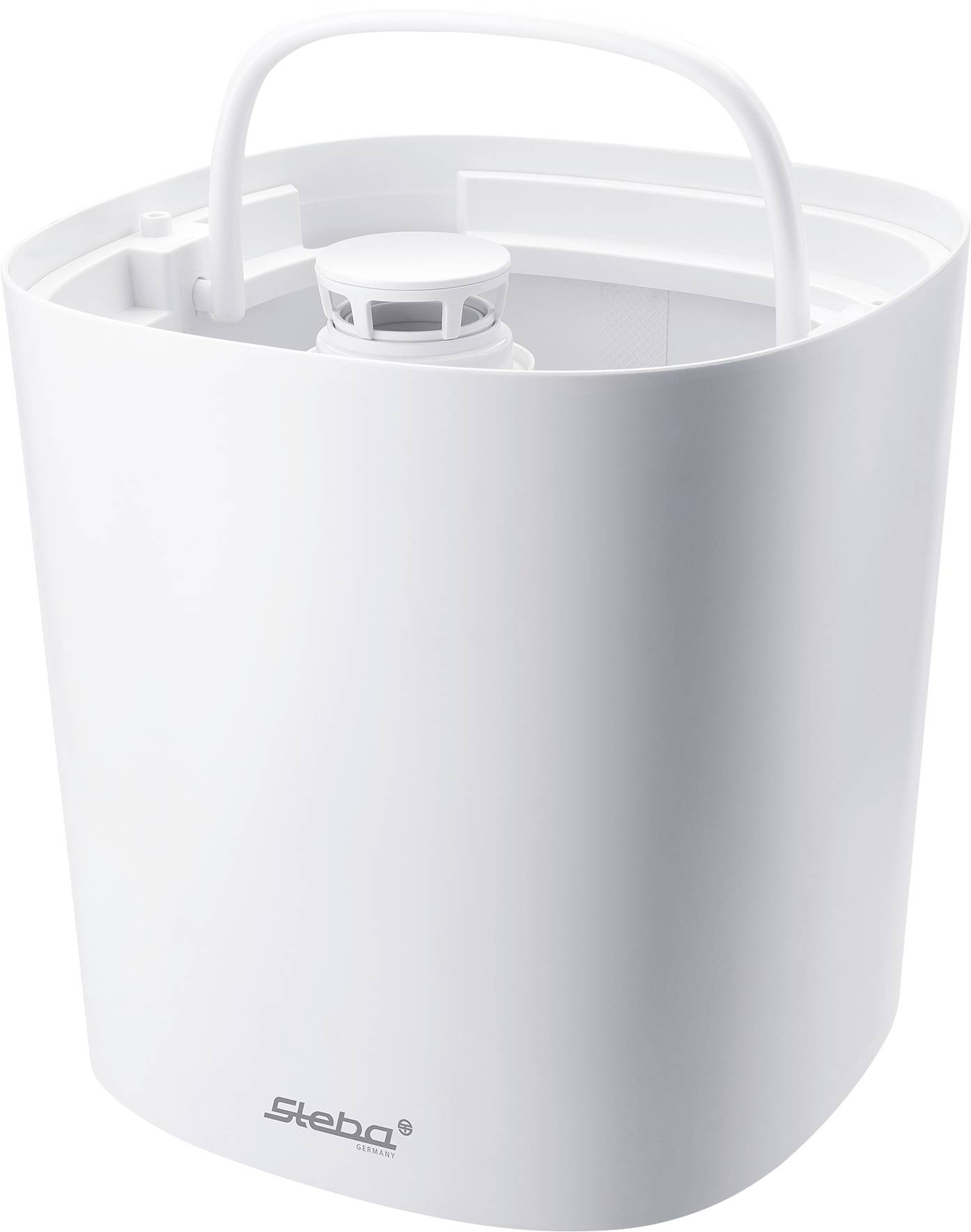 Ein weißer elektrischer Dampferzeuger mit einem Griff oben, geeignet für haushaltsübliche Anwendungen.