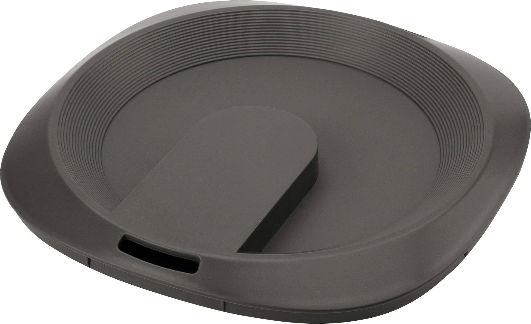 Ein dunkelgraues, quadratisches Tablet mit abgerundeten Ecken und einem zentralen, erhöhten, rechteckigen Abschnitt in der Mitte des Geräts.