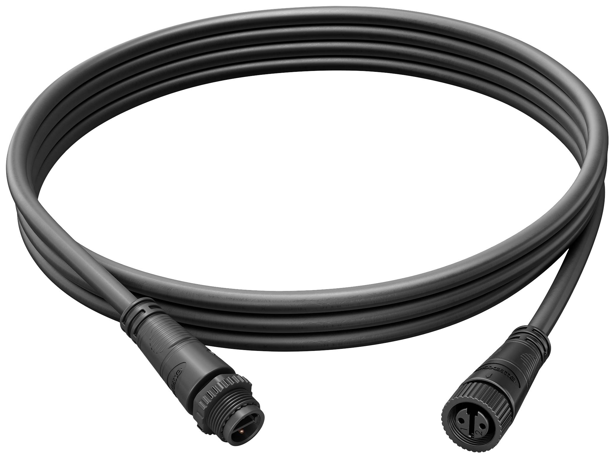 Ein schwarzes, langes Netzkabel mit runden Steckverbindern an beiden Enden, verwendet zur Stromversorgung elektronischer Geräte.