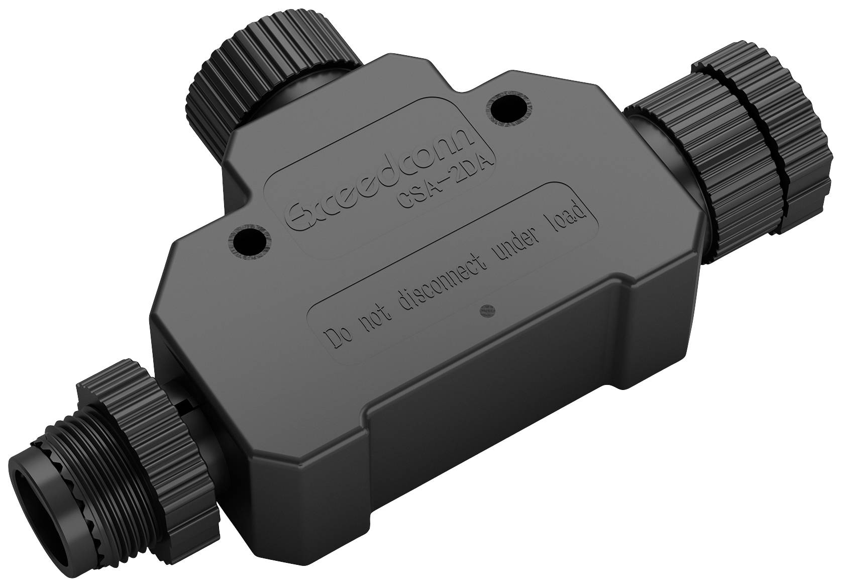 Ein schwarzer elektrischer Steckverbinder mit Schriftzug 'Greedcom GA-2DA'. Warnung: 'Do not disconnect under load'.