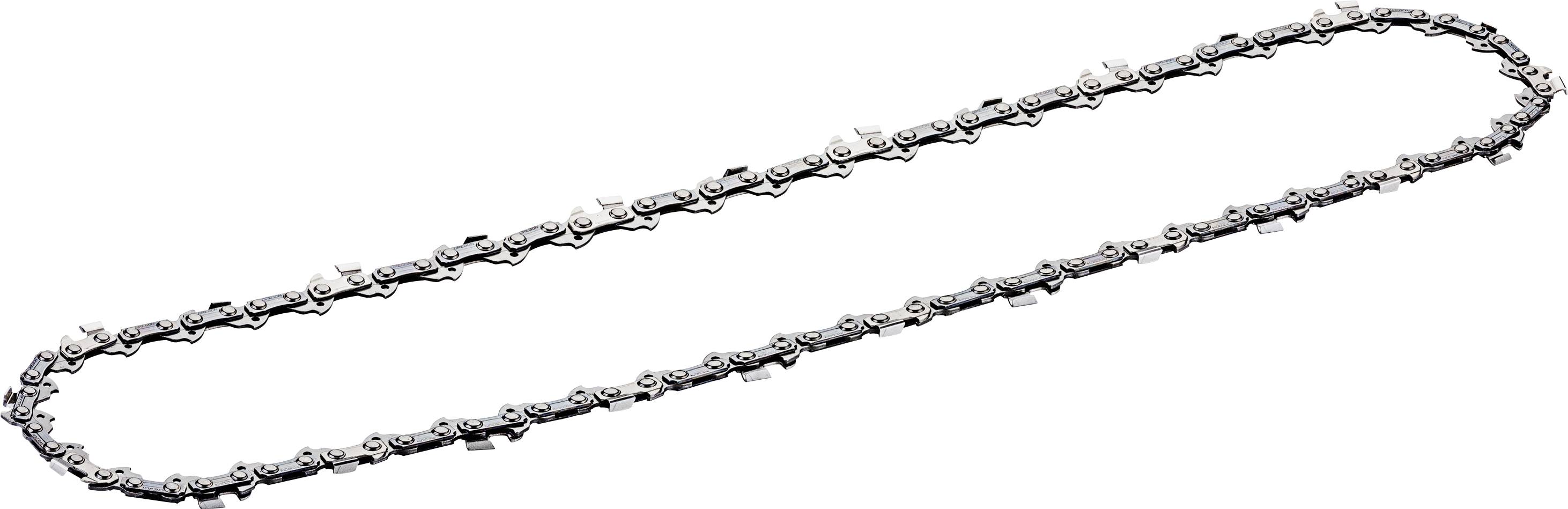 Kettensägekette in ovaler Anordnung, metallisch, mit scharfen Zähnen, geeignet für Holzbearbeitung.