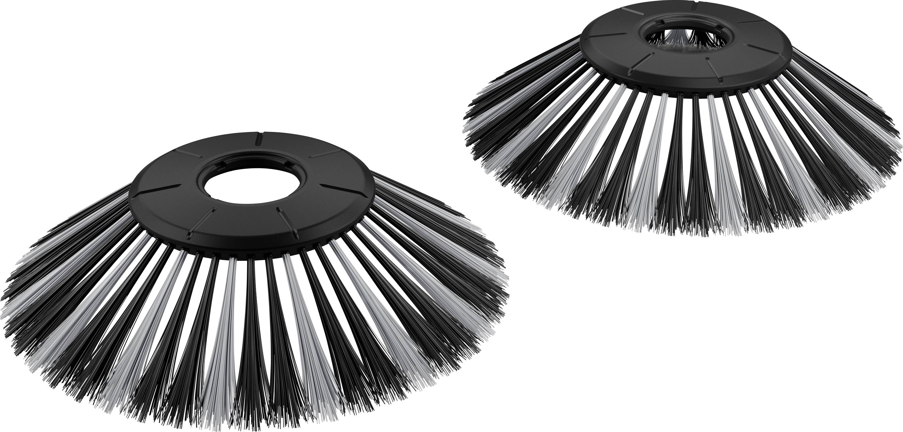 Zwei runde Straßenbesen mit schwarzen Borsten, die in einem V-Form-Winkel angeordnet sind. Ideal für Kehrmaschinen.