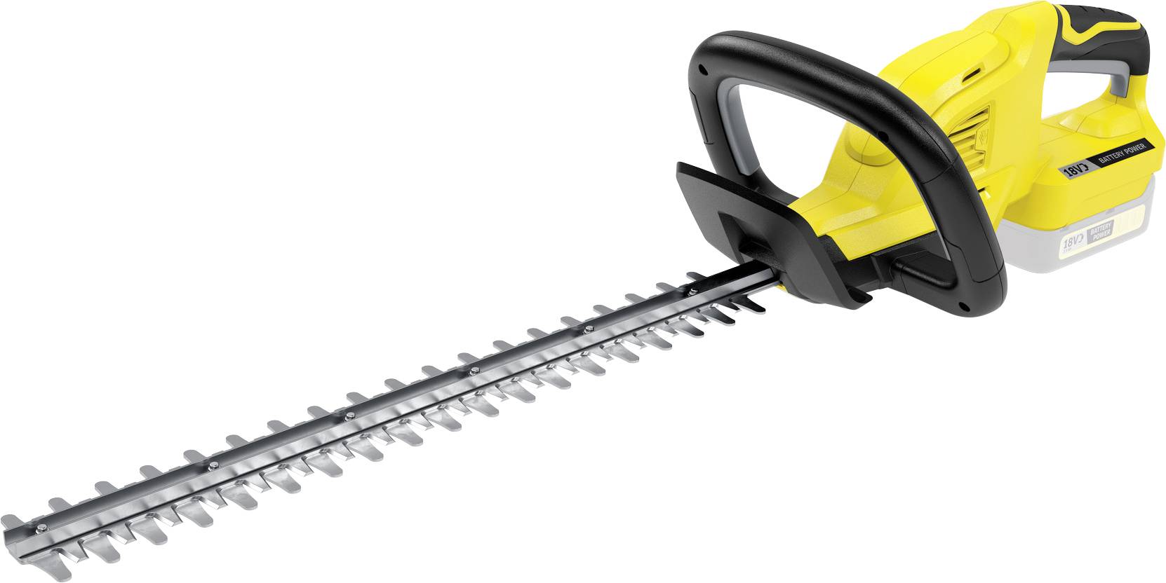 Gelber elektrischer Heckenschneider mit schwarzem Griff, langer silberner Klinge, geeignet für Gartenarbeiten und Heckenpflege.