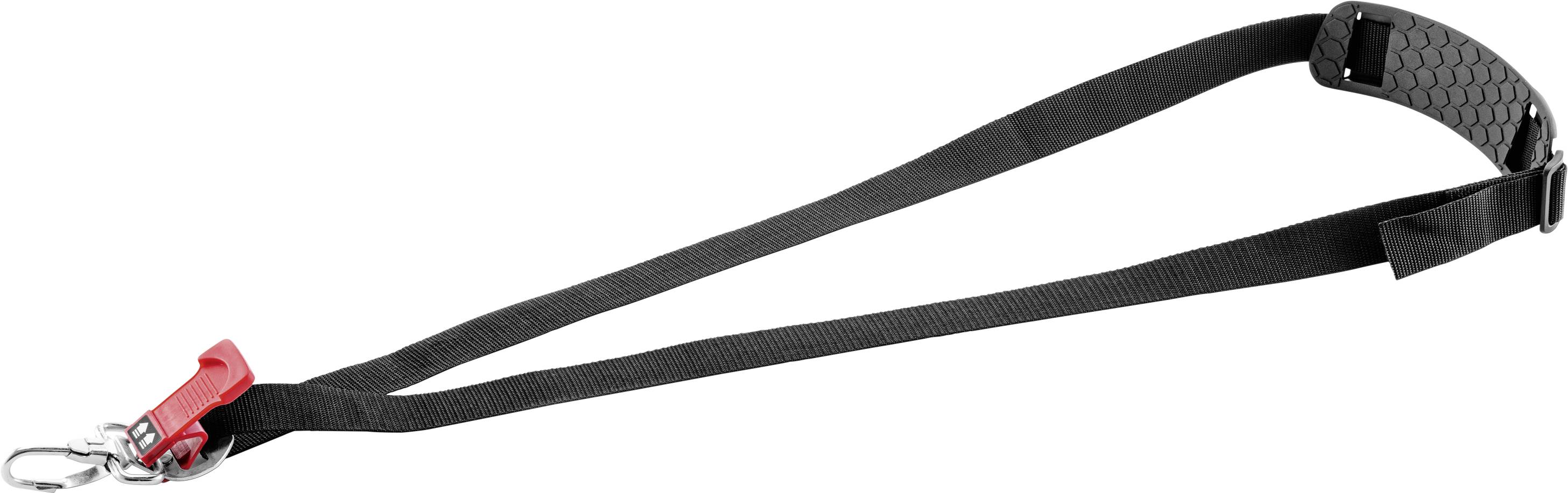 Schwarzes Lanyard mit rotem Sicherheitsverschluss und Metallring, ideal zum Umhängen von Ausweiskarten oder Schlüsseln.