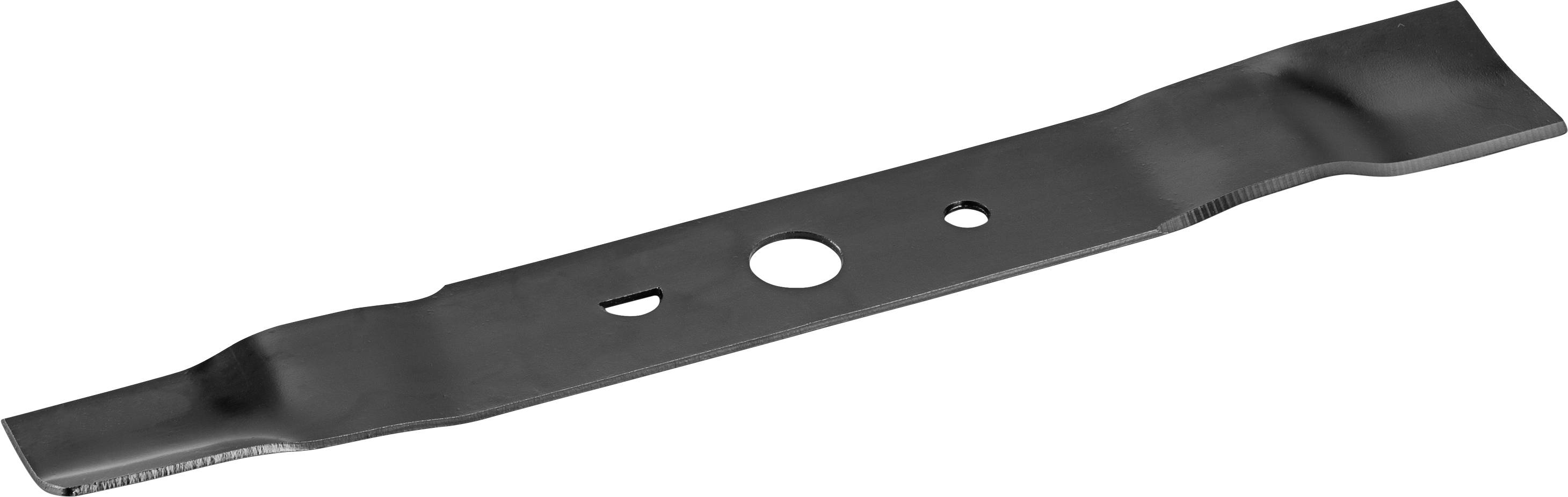 Ein schwarz glänzendes Mähmesser mit zwei Klingen und mehreren Löchern in der Mitte, für den Einsatz in einem Rasenmäher.