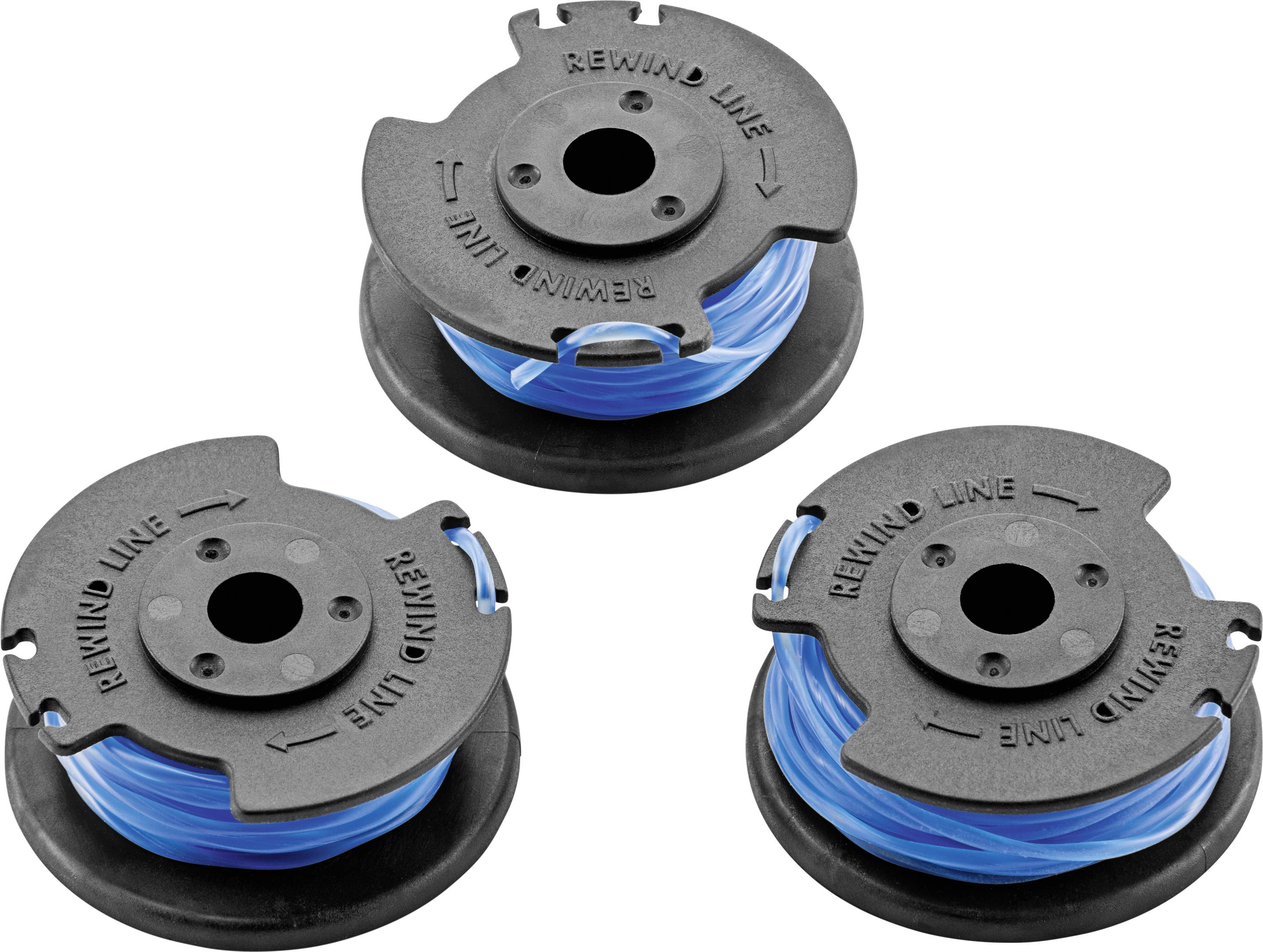 Drei schwarze Spulen mit blauer Nylonlinie, etikettiert 'Rewind Line', vor einem weißen Hintergrund angeordnet.