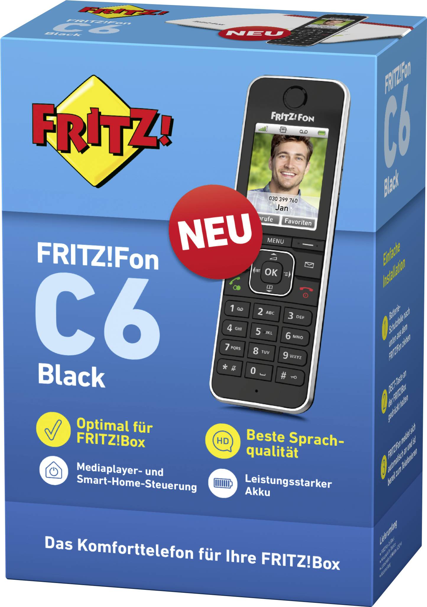 Produktverpackung eines schwarzen FRITZ!Fon C6. Enthält Funktionen wie Mediaplayer, Smart-Home-Steuerung und langen Akku.
