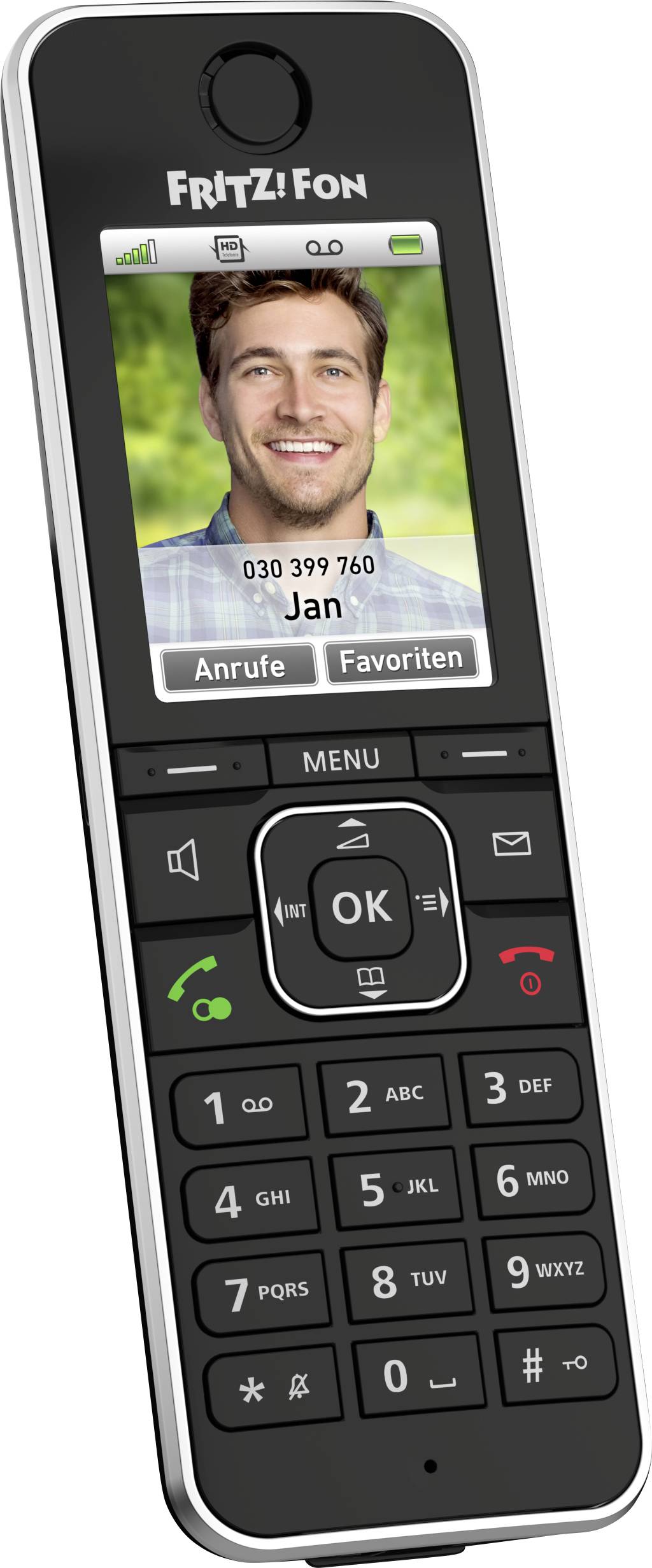 Schnurloses Telefon mit Farbdisplay zeigt Kontaktbild und -name 'Jan', Telefonnummer, und Optionen für 'Anrufe' und 'Favoriten' an.