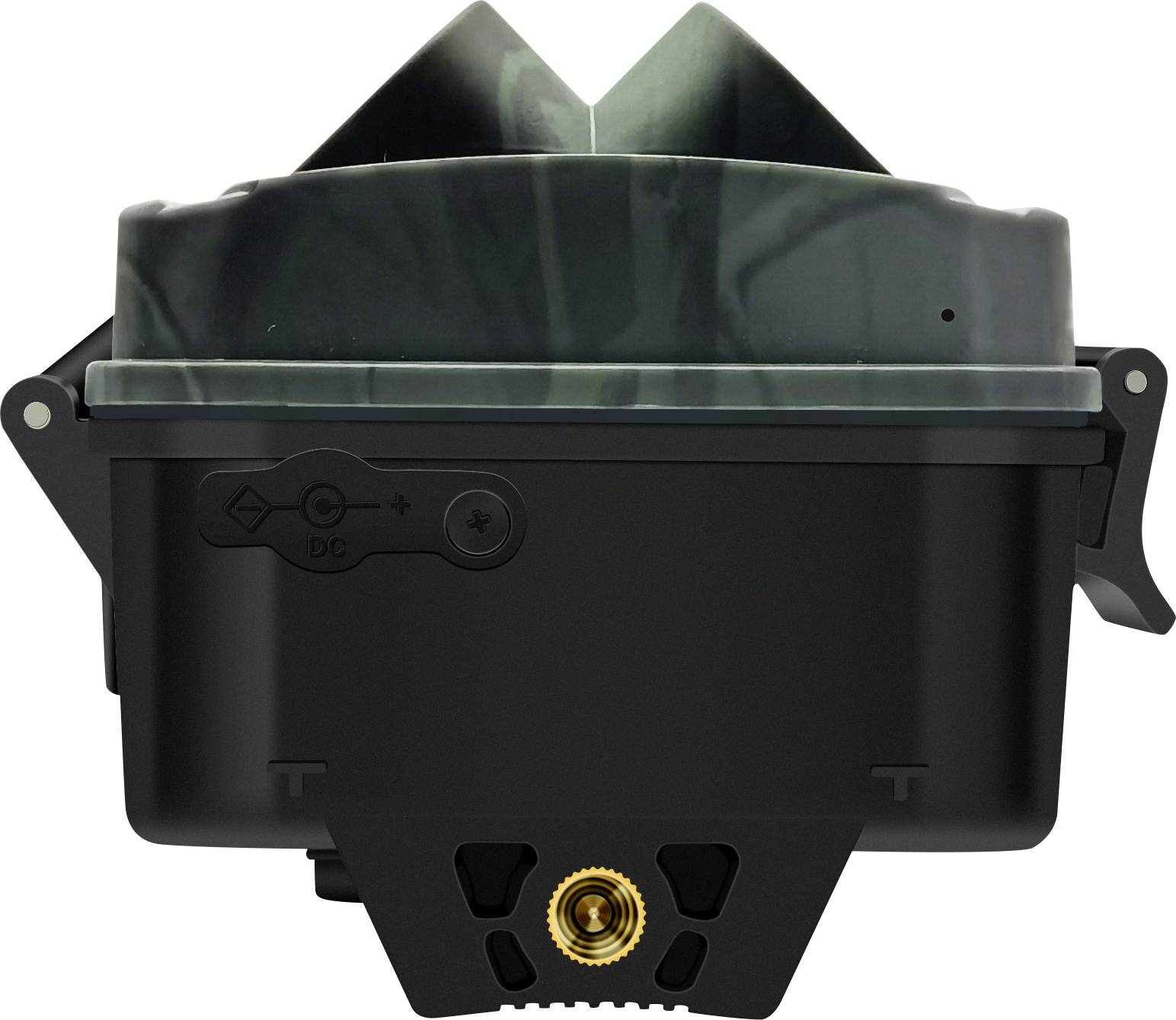 Ein schwarzer, rechteckiger Mechanismus mit goldfarbenem Anschluss und Stirnlüftung oben; anscheinend ein Teil eines Fahrzeugsystems.