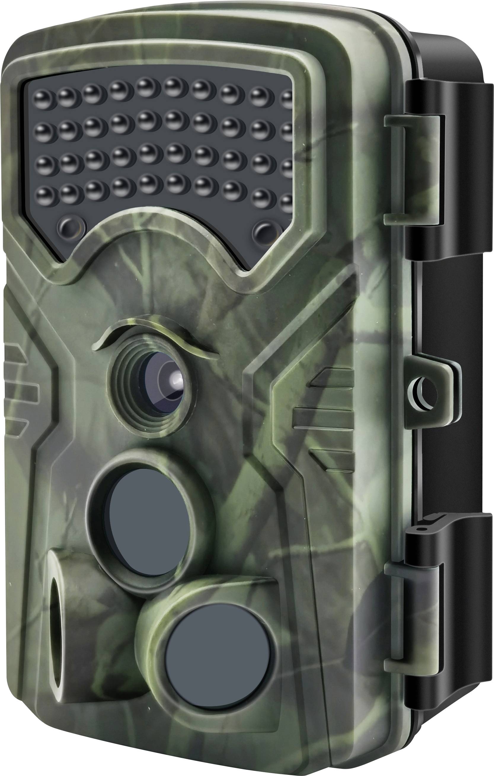 Eine grüne Wildkamera mit Tarnmuster, mehreren Objektiven und LEDs zur Überwachung von Tieren in der Natur.