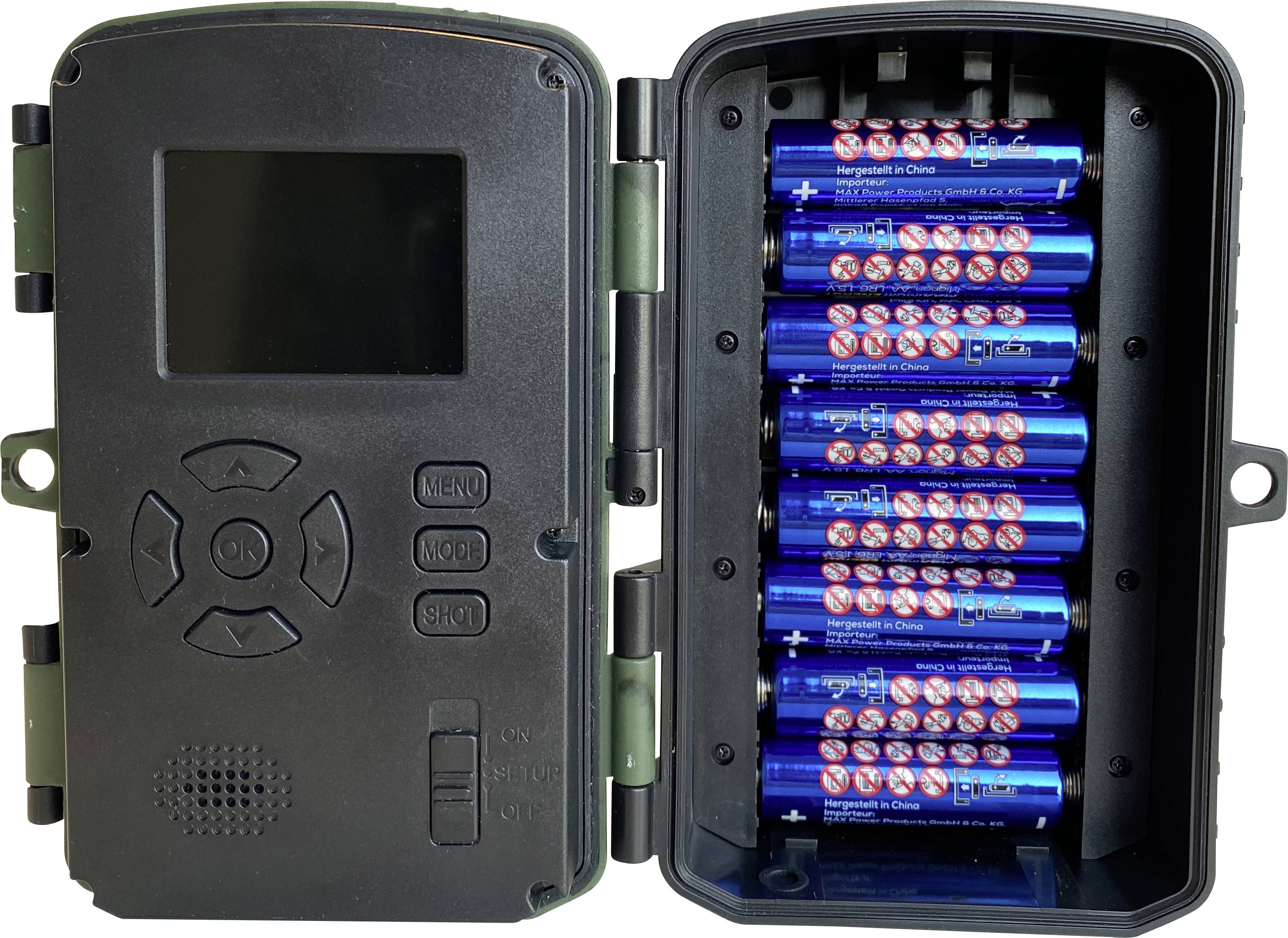 Offene Überwachungskamera mit einem Fach für acht AA-Batterien.