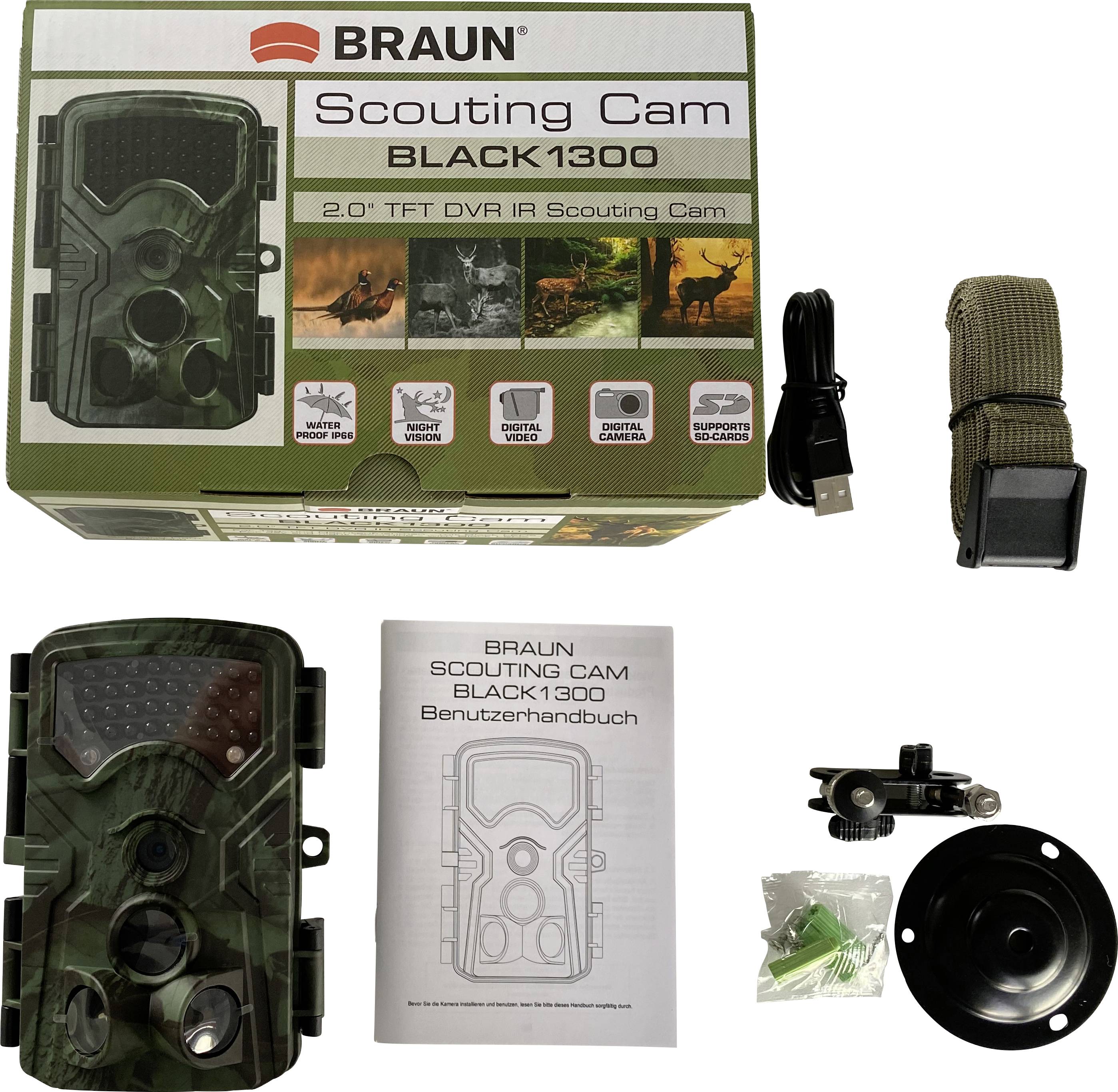 'BRAUN Scouting Cam BLACK1300' Verpackung mit Kamera, USB-Kabel, Gurthalterung, Halterung, Schrauben und Benutzerhandbuch abgebildet.