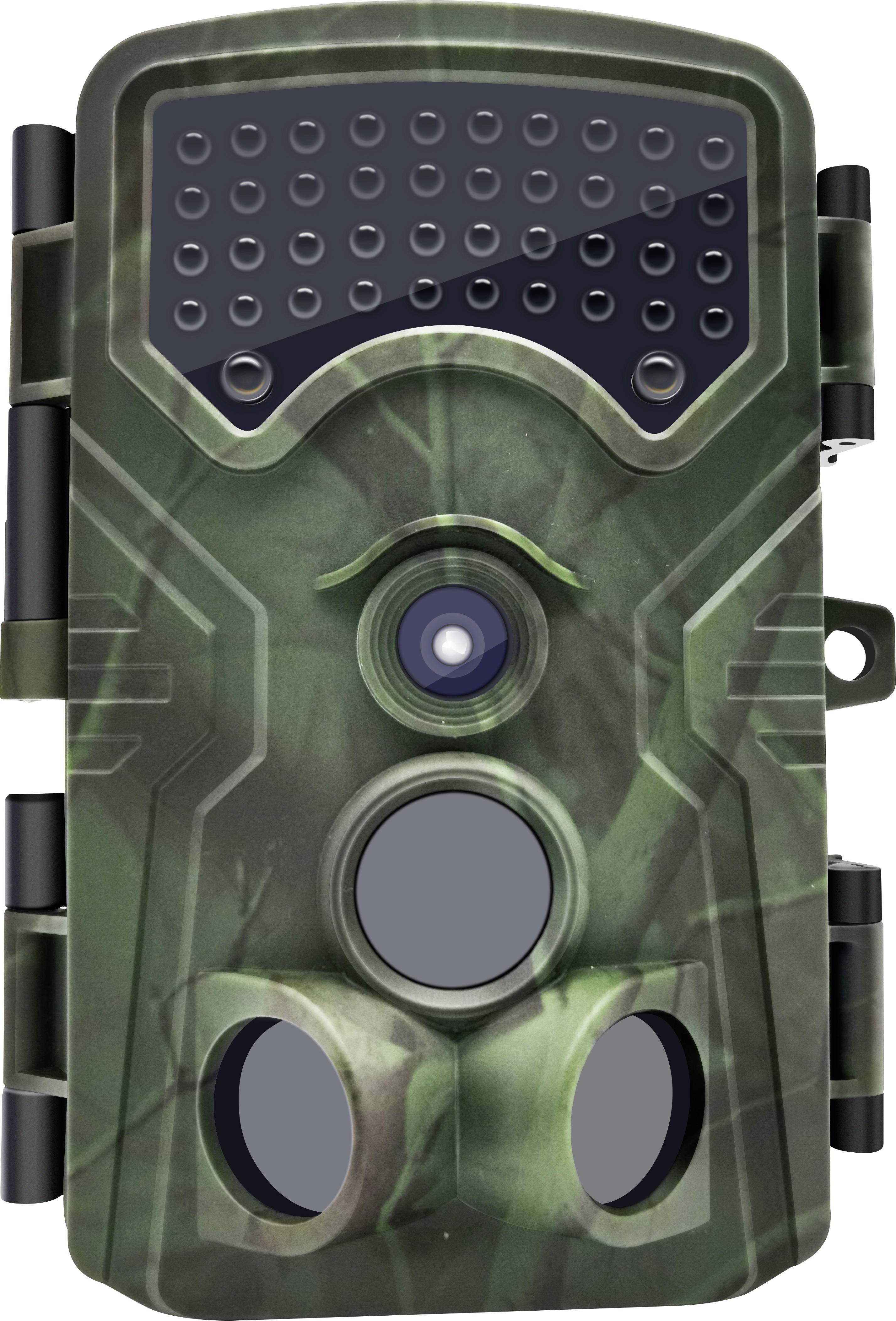 Eine getarnte Wildkamera mit mehreren Sensoren und Linsen, die zur Überwachung von Tieren in der Natur verwendet wird.