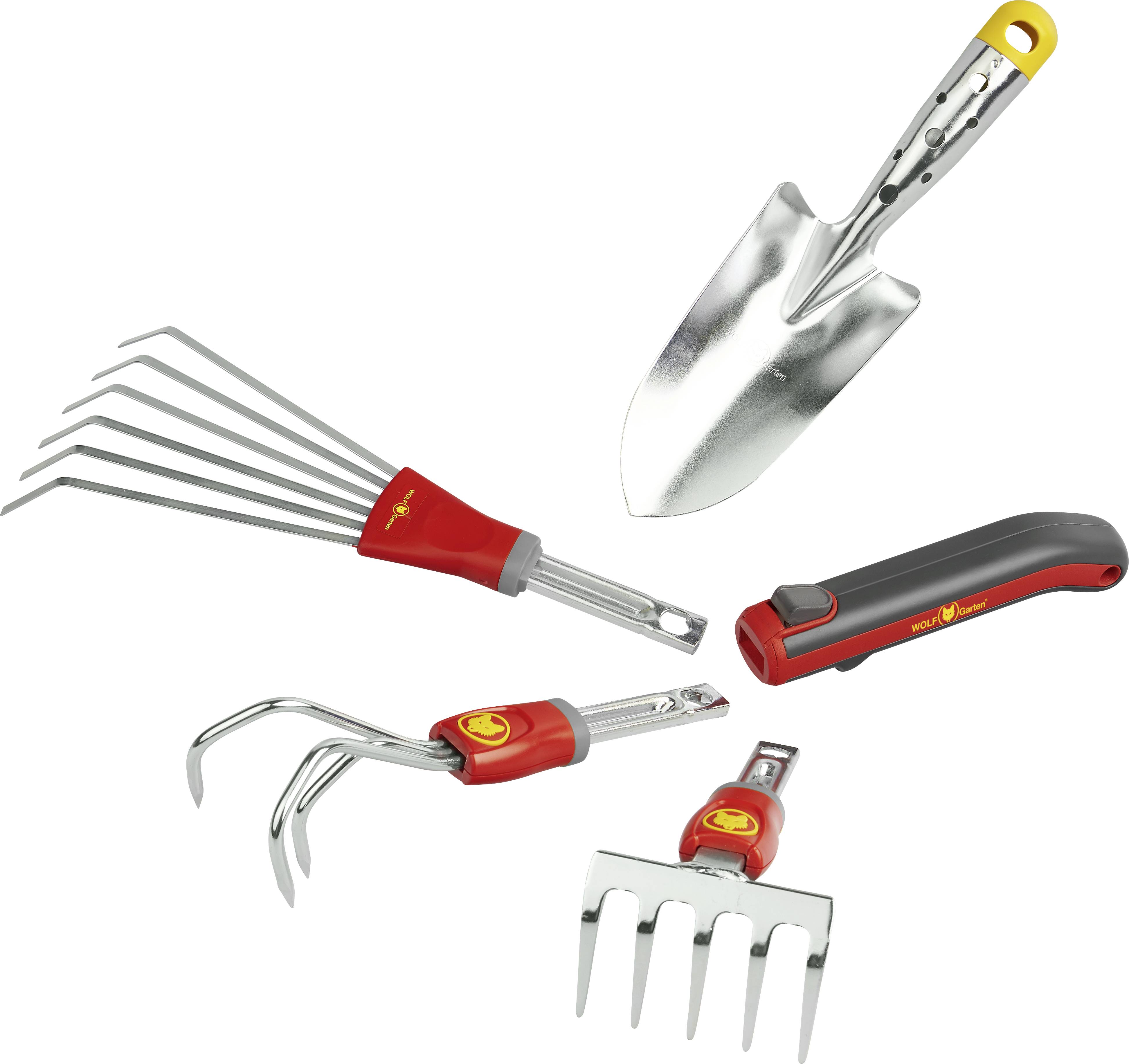 Ein Set von Gartenwerkzeugen, darunter eine Handschaufel, ein Rechen, ein Kratzer und ein Universalgriff, alle mit roten Griffen.