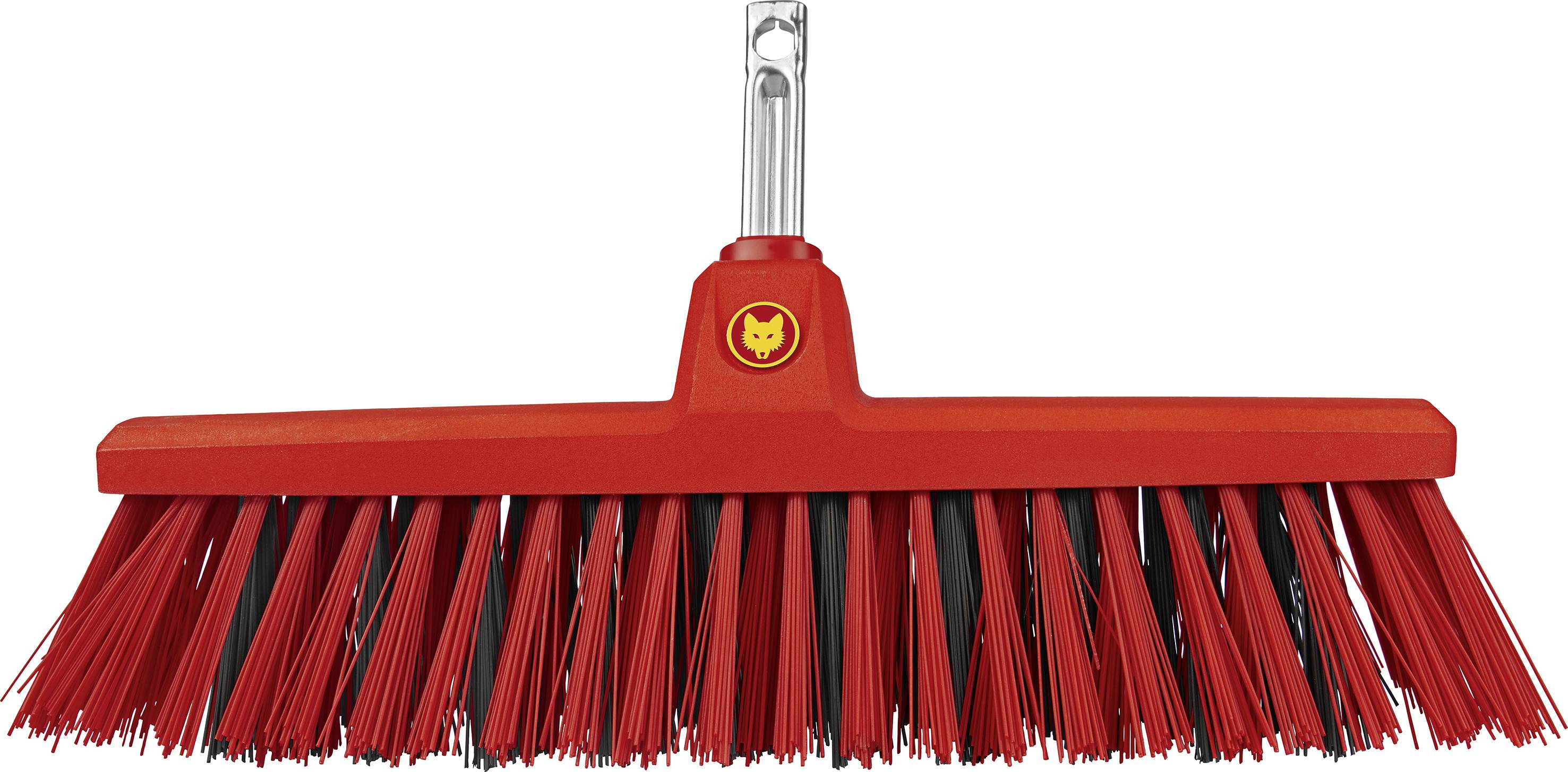 Roter Besen mit schwarzen Borsten, geeignet für die gründliche Reinigung von Böden.