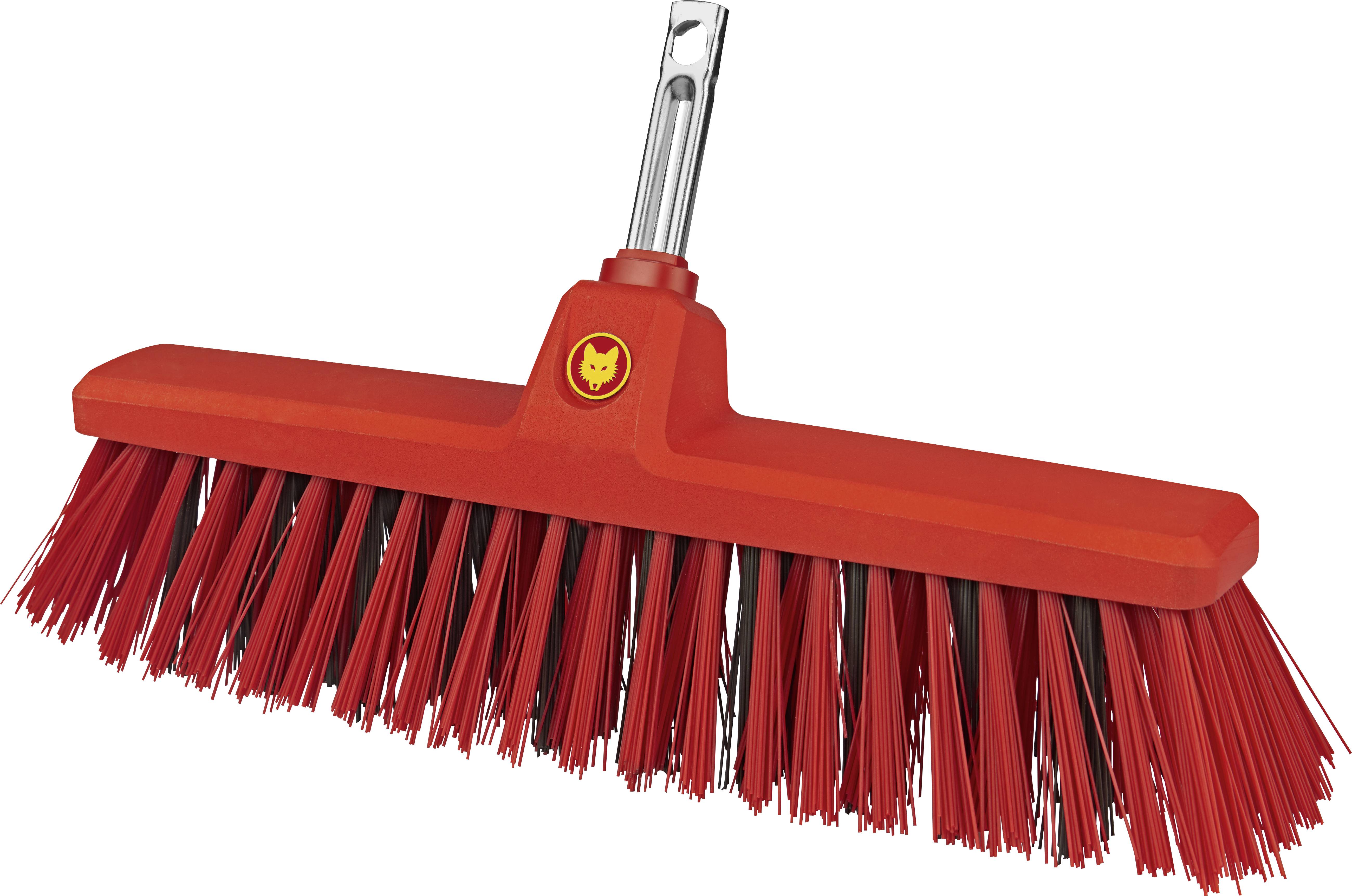 Ein roter Besen mit schwarzem Stiel, Bürsten aus Kunststoff, geeignet für die Reinigung von Böden.