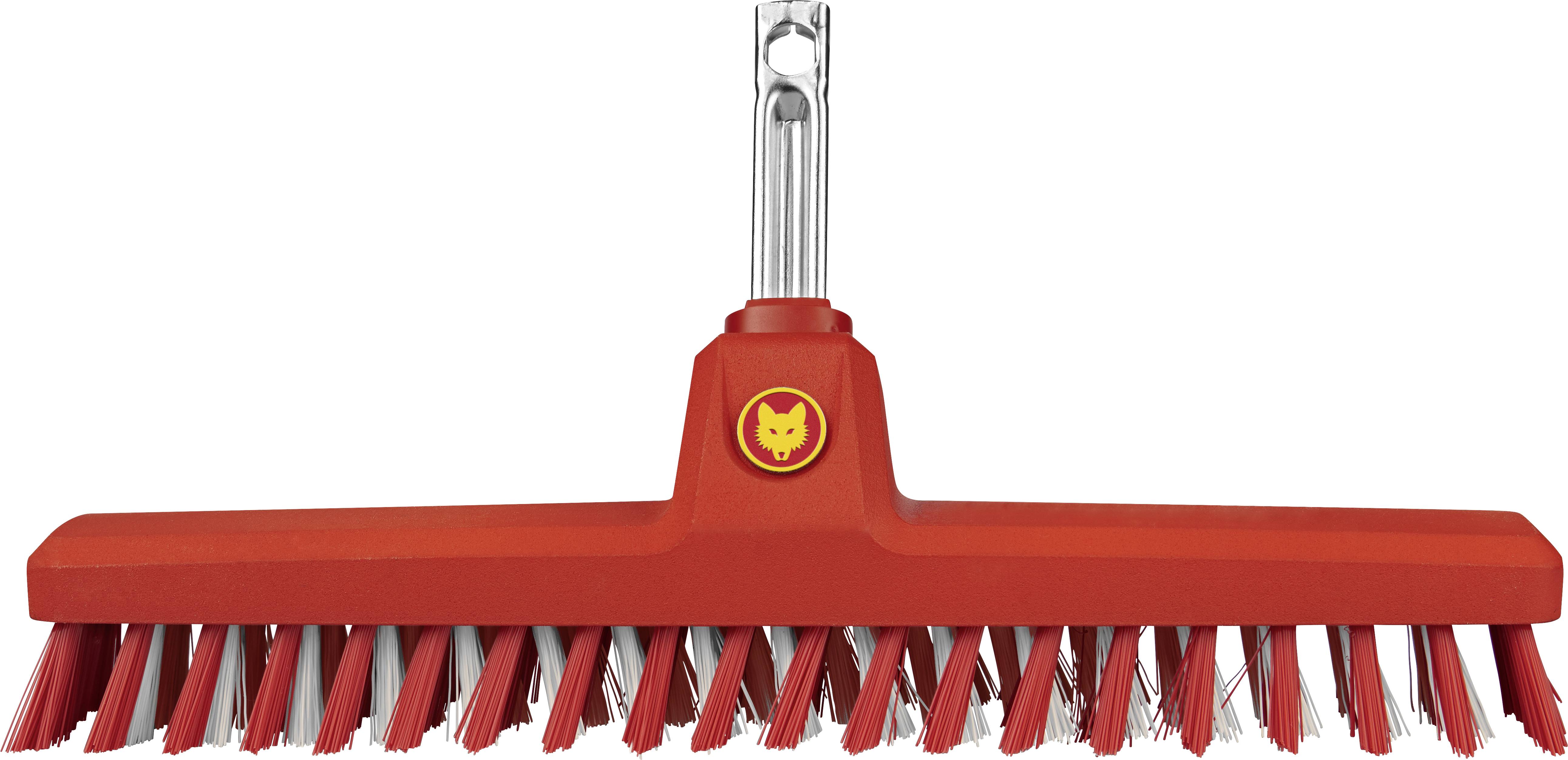 Ein roter Besen mit Metallstiel und Borsten in Rot und Weiß.