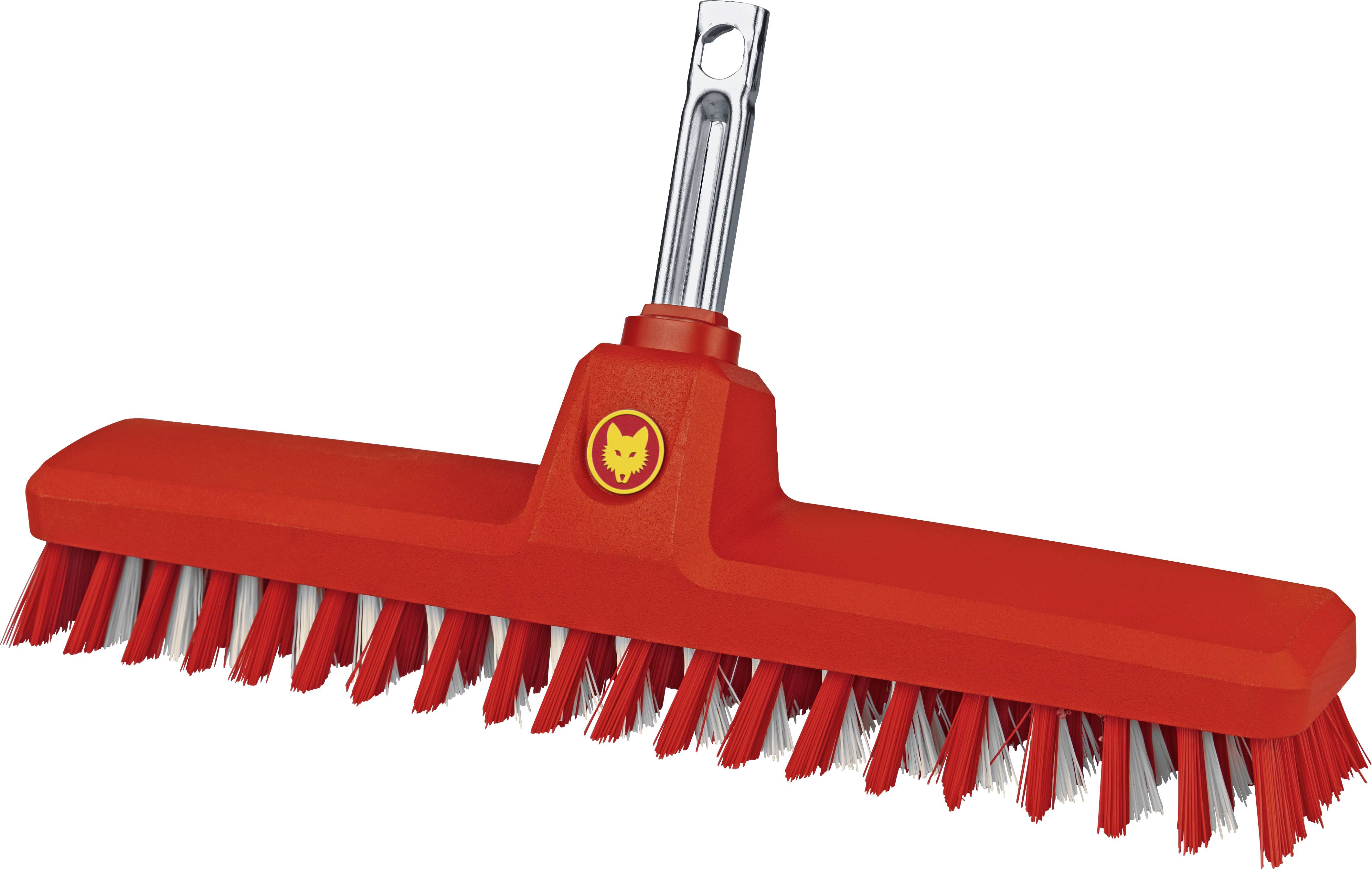 Roter Straßenbesen mit robusten Borsten und einem Metallstielansatz, geeignet für Außenreinigung.