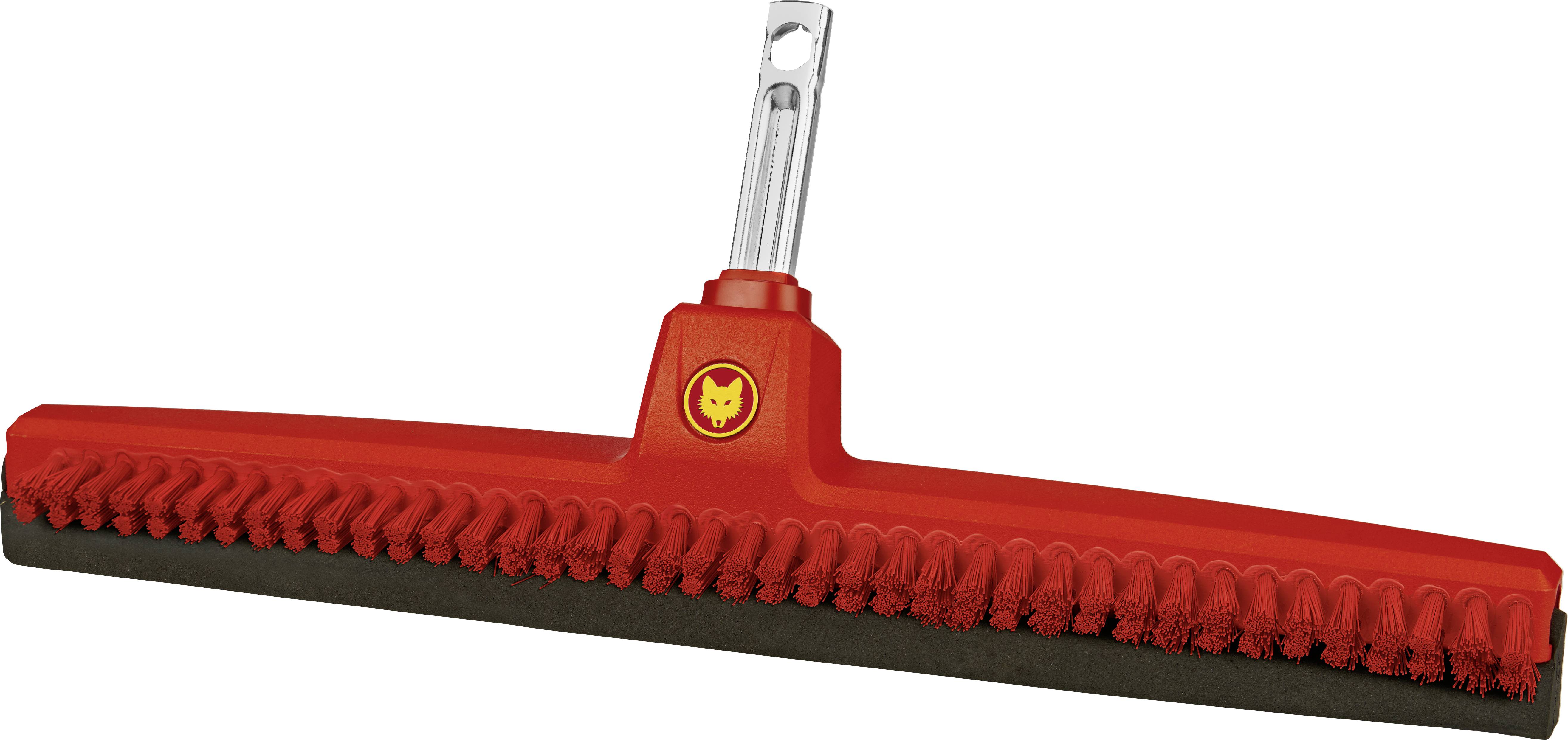 Roter Abziehbesen mit Kunststoffgriff und schwarzer Gummileiste, geeignet für das Entfernen von Wasser auf glatten Oberflächen.