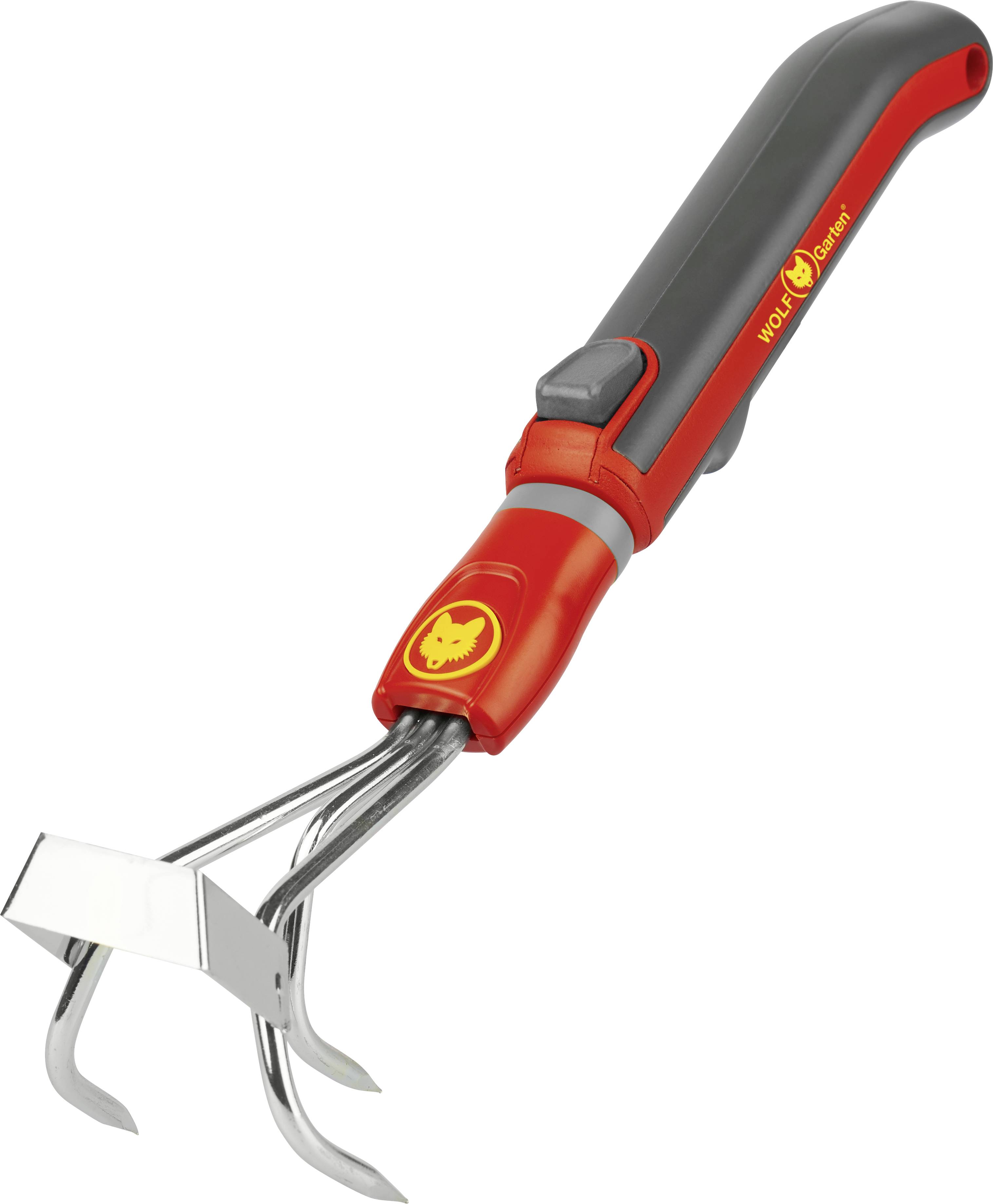 Handgerät mit ergonomischem Griff und drei Metallkrallen, geeignet zum Jäten und Lockern von Erde im Garten.