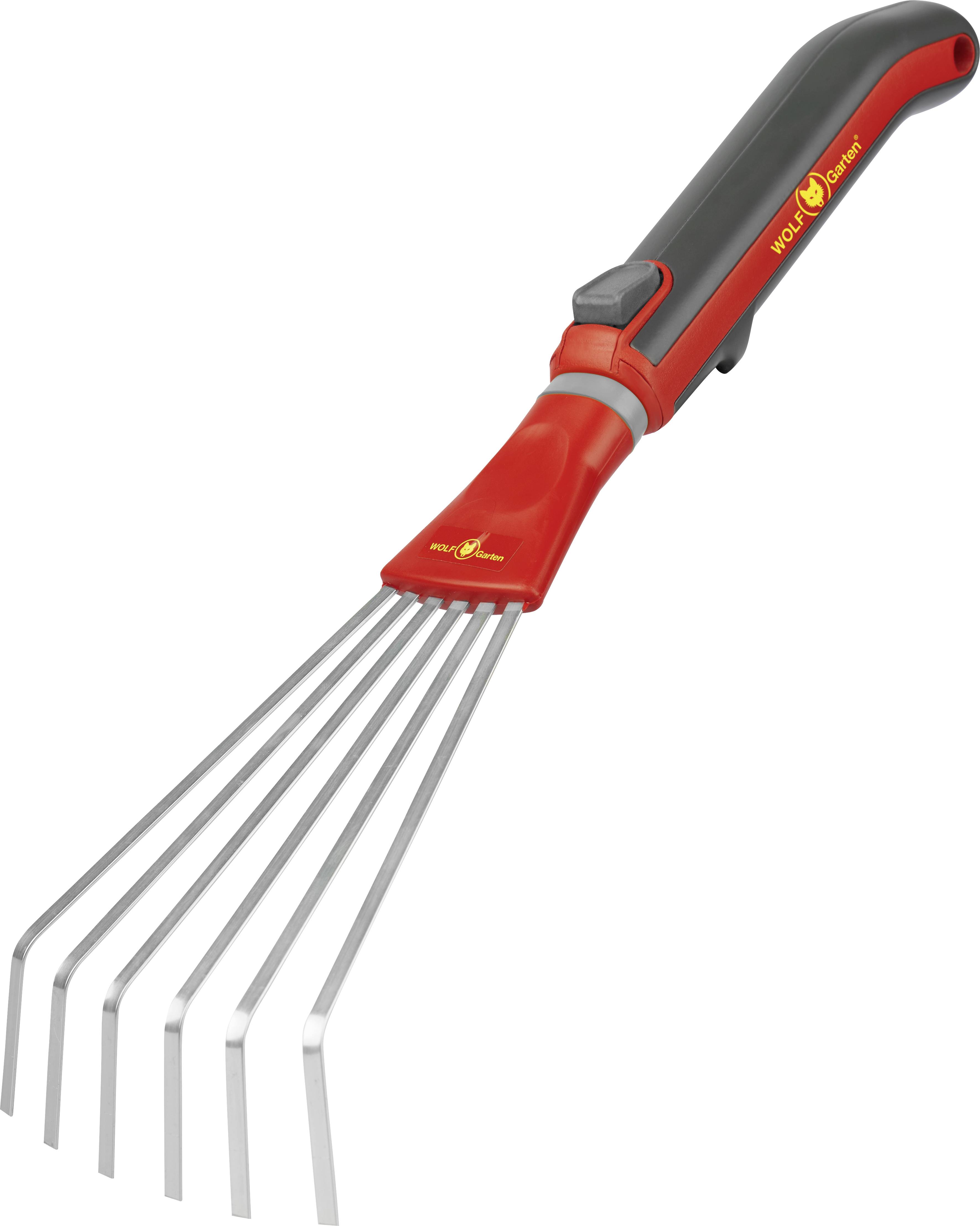 Handrechen mit rotem und schwarzem Griff und sechs silbernen Zinken. Ideal zum Harken kleiner Flächen im Garten.