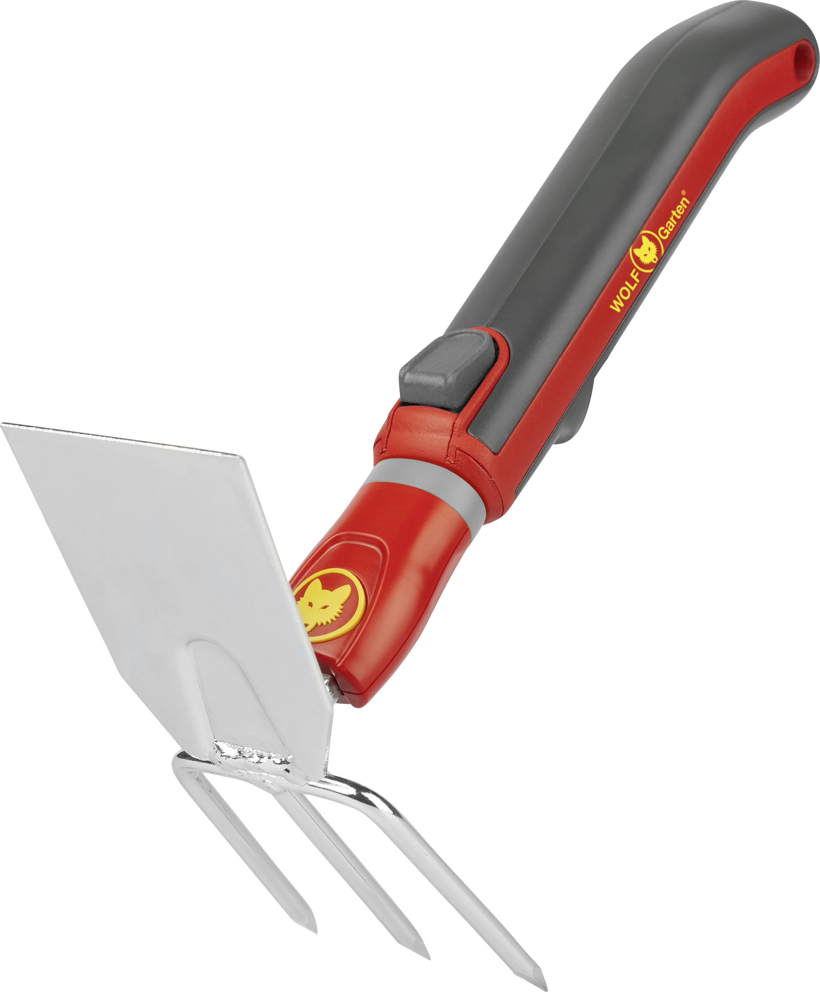 Handhacke mit rotem und grauem Griff, Metallklinge mit drei Zinken. Gartenwerkzeug von Wolf-Garten für Unkrautentfernung und Bodenkultivierung.