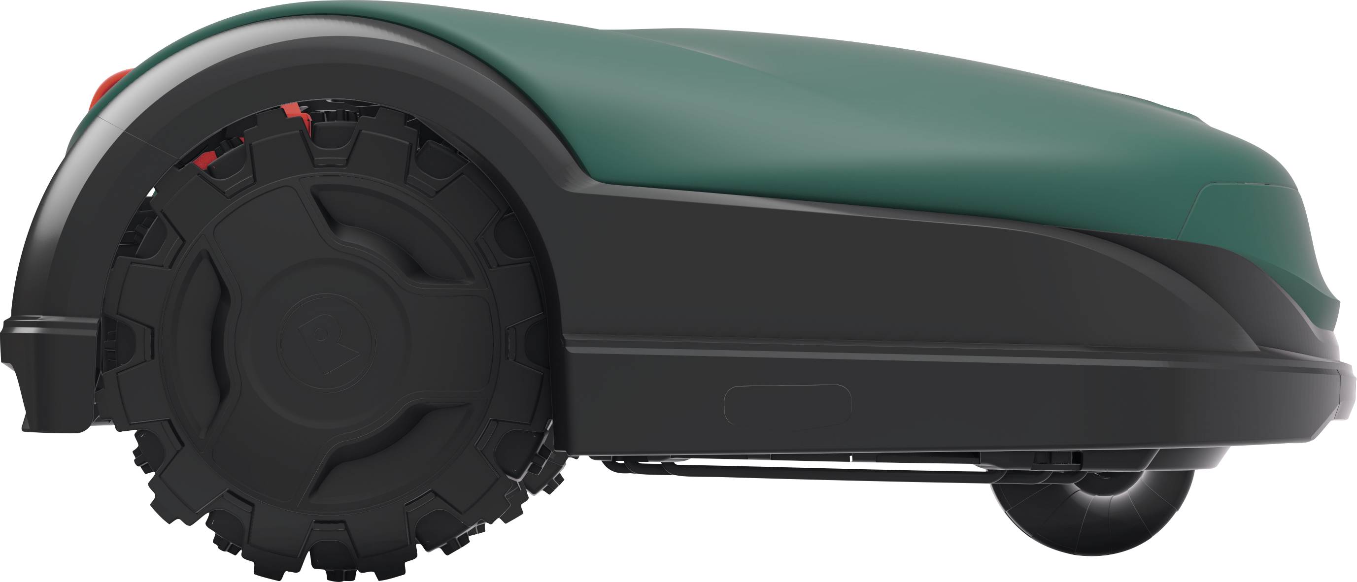 Ein grüner Mähroboter mit seitlichem Profil auf weißem Hintergrund. Er hat große Räder und ein robustes, aerodynamisches Design.