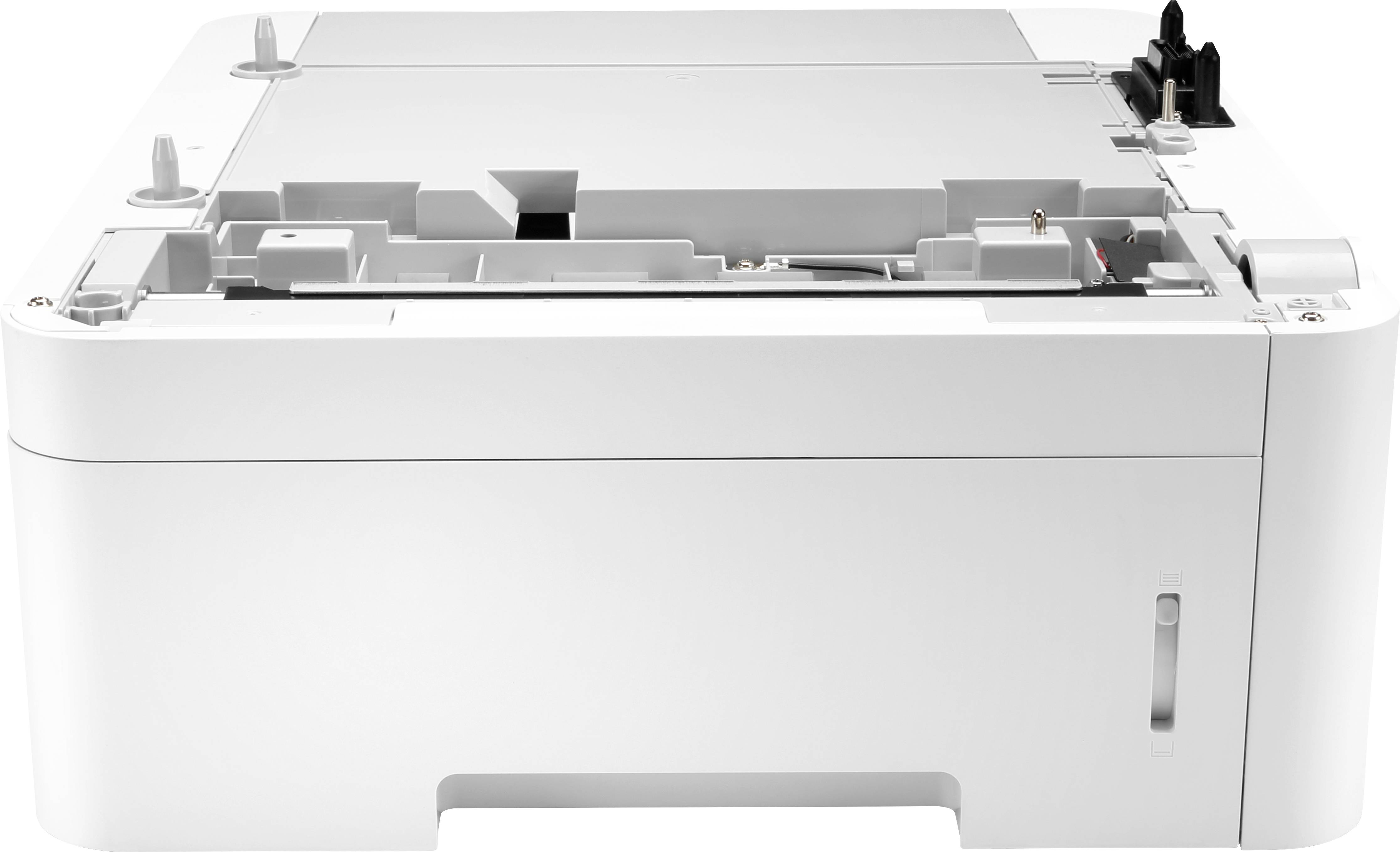 Ein weißer Drucker mit offenem Papierfach, bereit für Papiernachfüllung. Ansicht von oben, zeigt interne Mechanik.