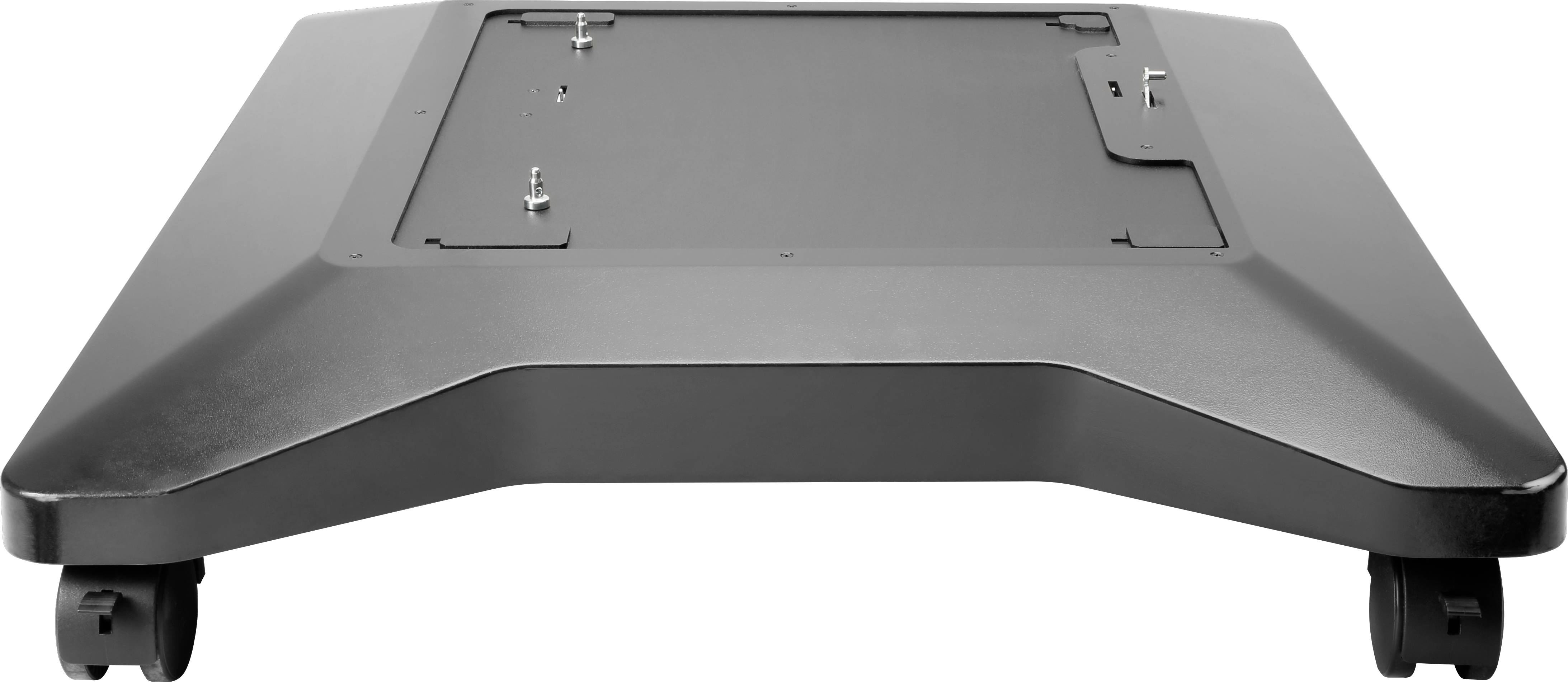 Schwarze, flache Basis eines Möbelstücks mit vier Rollen, wahrscheinlich für einen Monitor oder Fernseherrahmen geeignet.