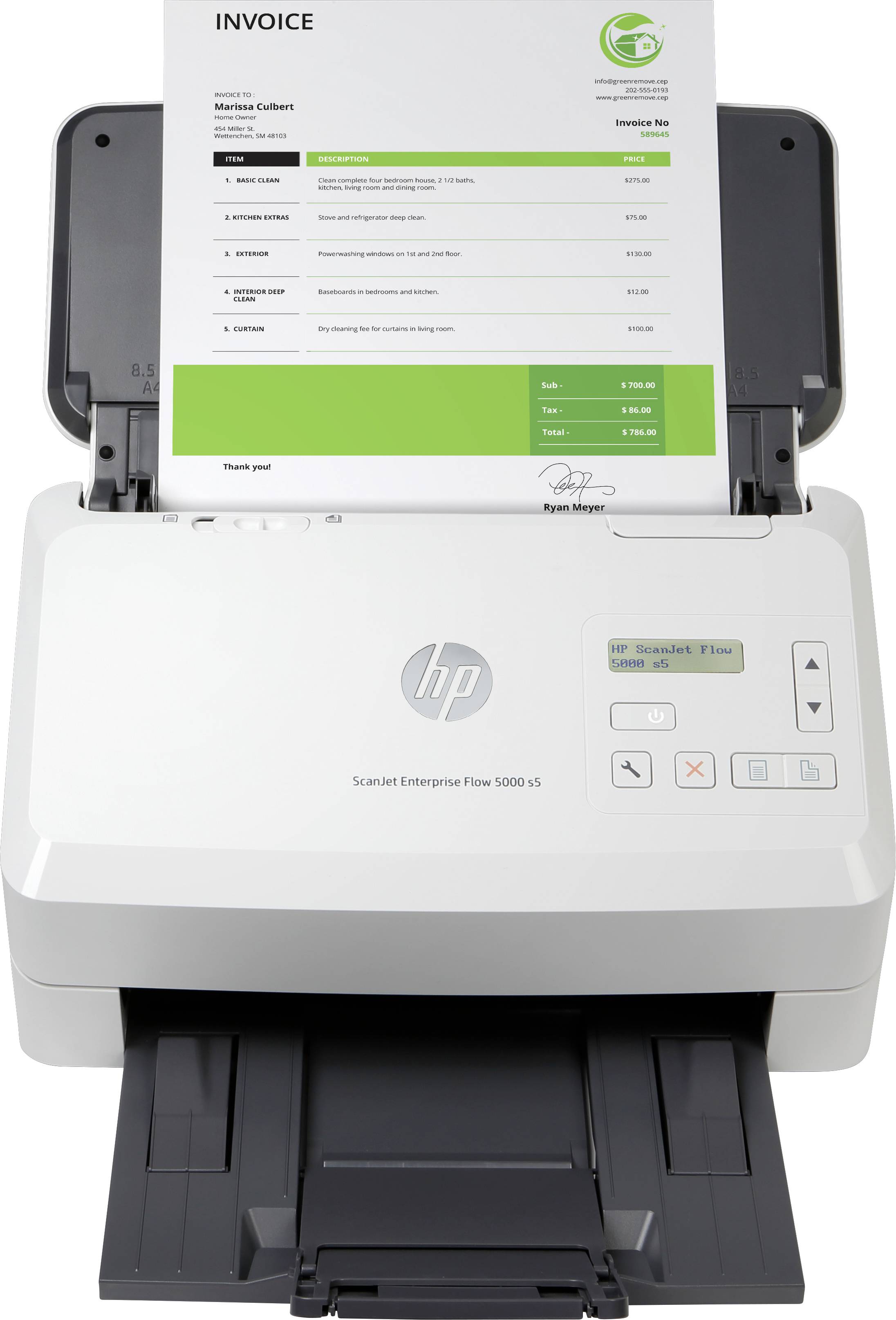 Ein Scanner, der ein Rechnungsdokument im Format A4 scannt. Das Dokument zeigt eine Tabelle mit Positionen und Preisen.