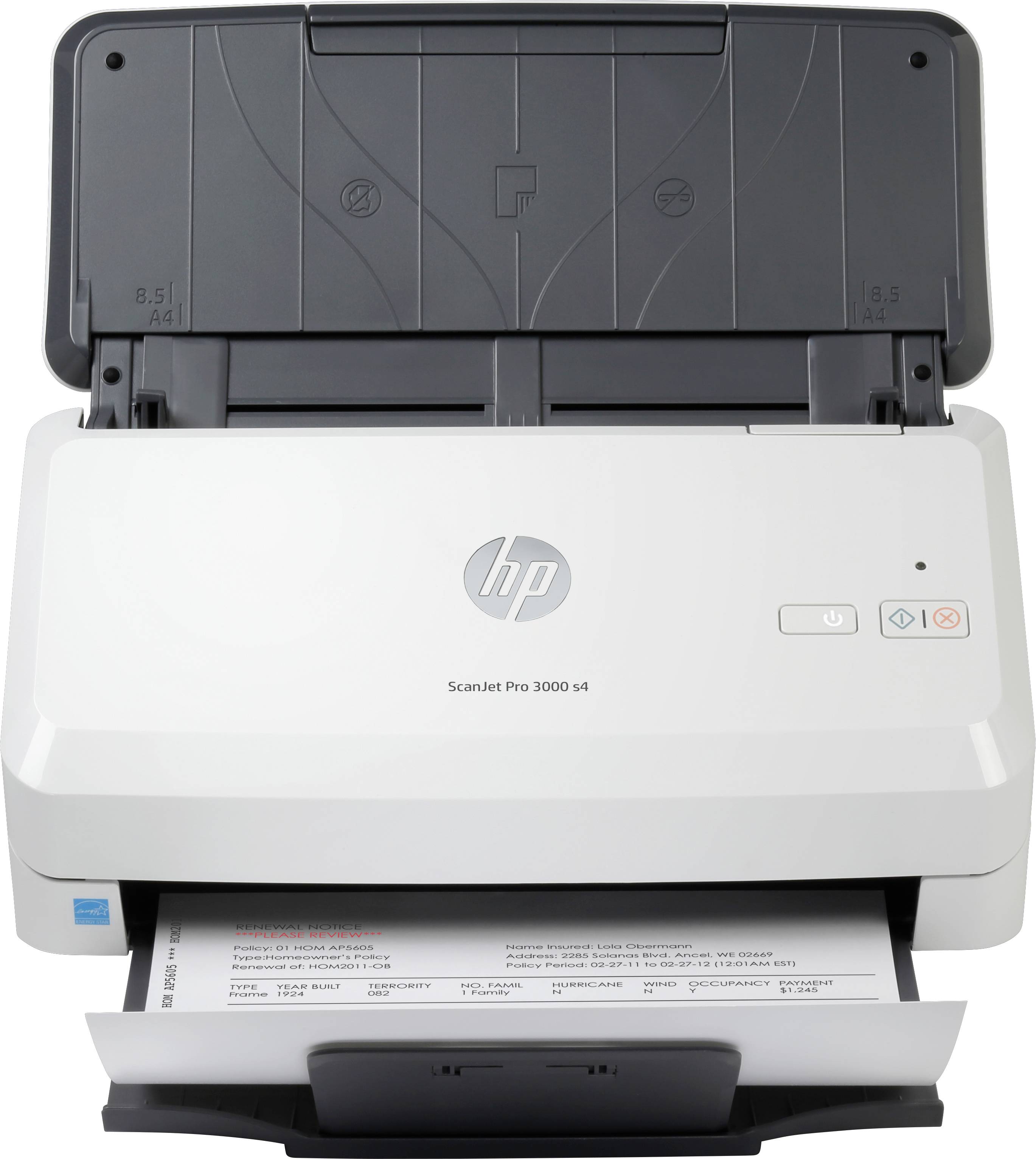 Ein HP-Scanner, Modell ScanJet Pro 3000 s4, scannt ein Dokument. Das Gerät ist in Weiß und Schwarz gehalten.