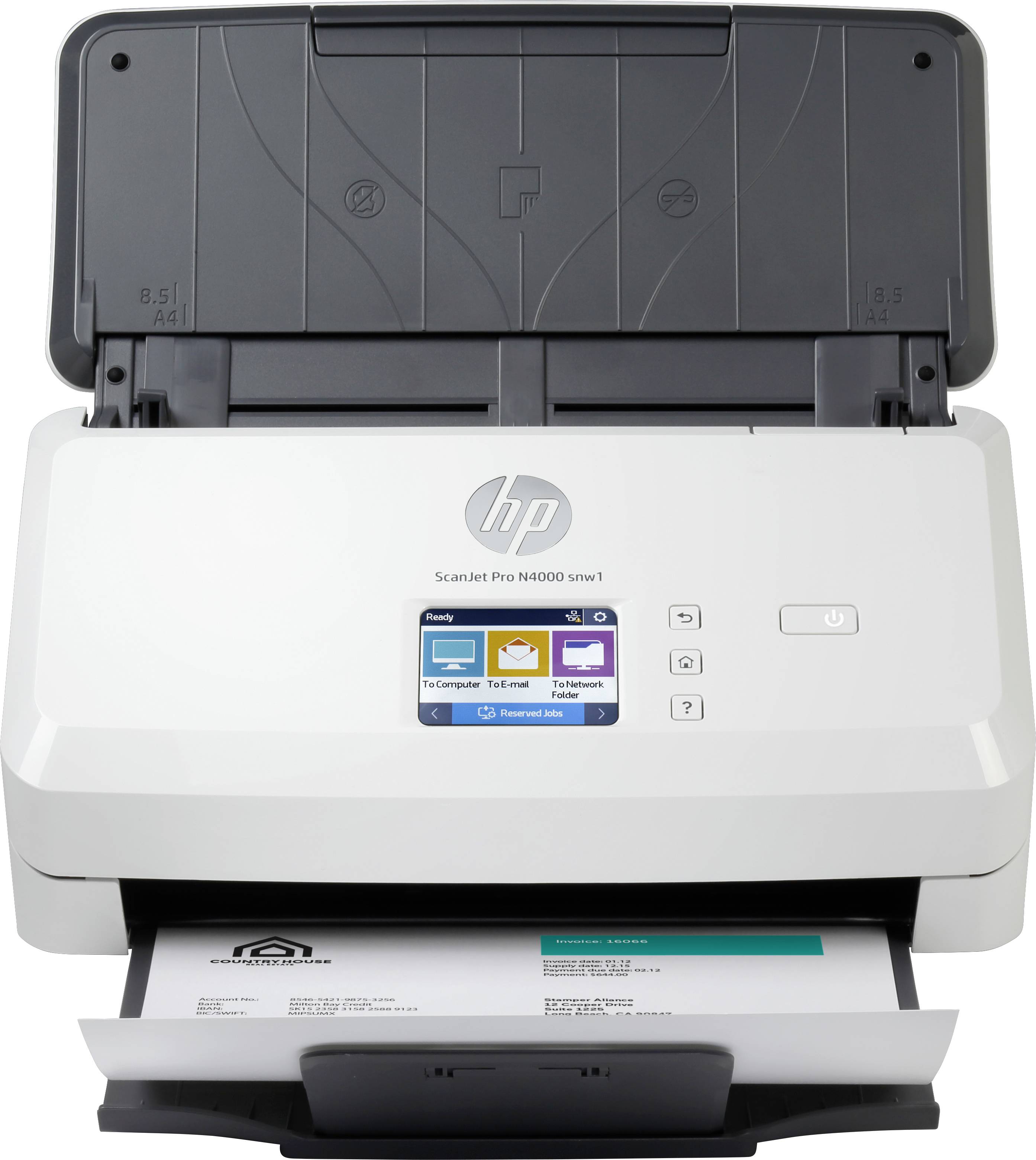 Ein weißer Scanner mit einem HP-Logo, geöffnetem Dokumenteneinzug und Bildschirm. Papier wird gerade gescannt.