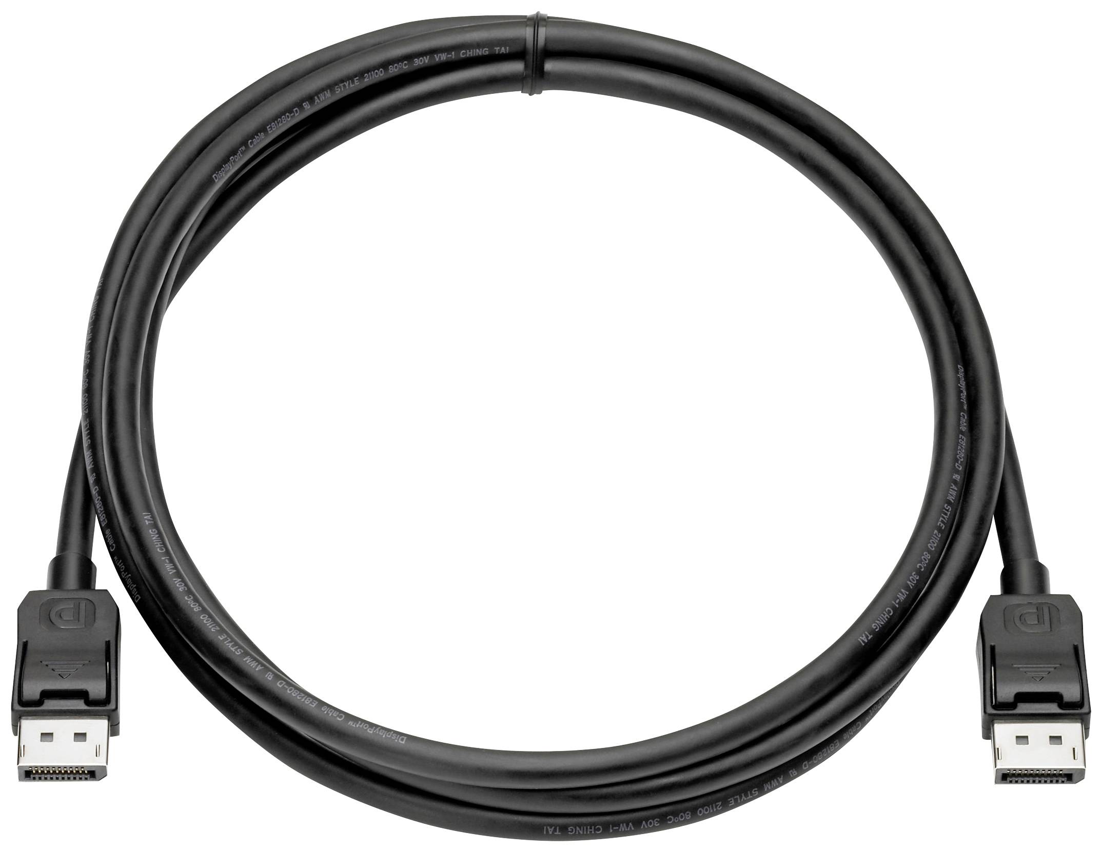 Ein schwarzes DisplayPort-Kabel mit zwei Steckern, das aufgerollt in einem Kreis liegt.