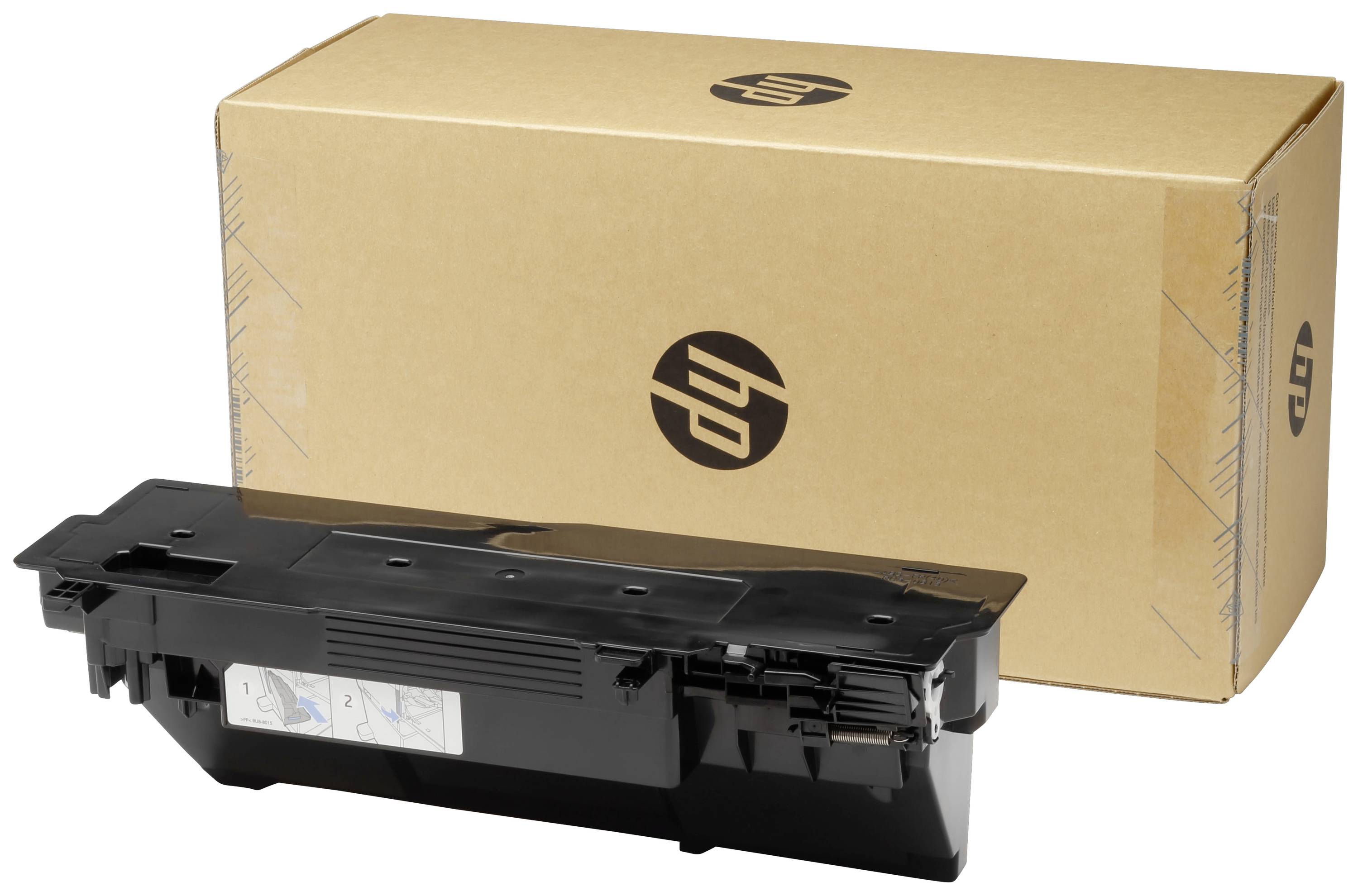 Eine schwarze Tonerkartusche steht vor einer braunen HP-Verpackung.