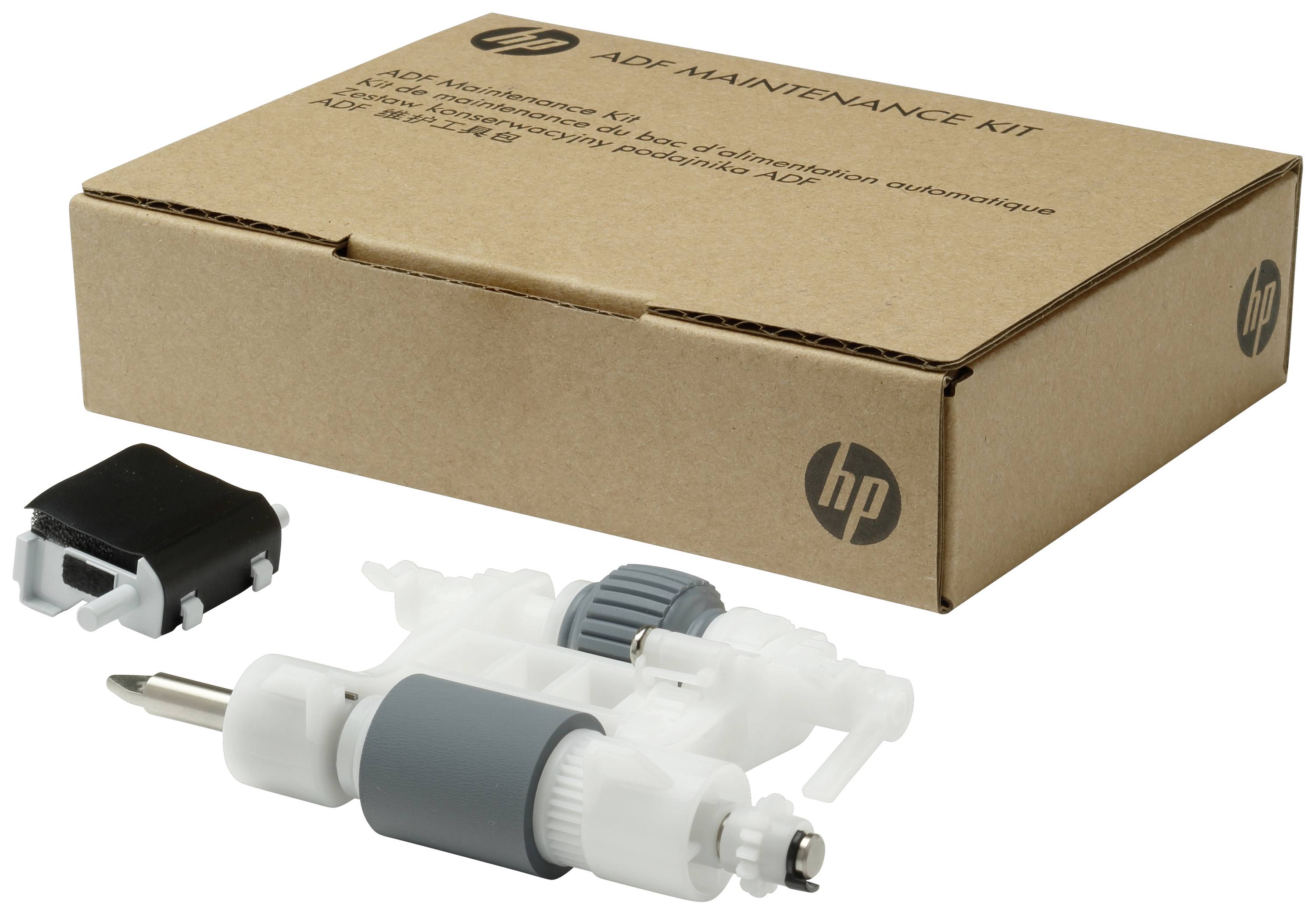 Ein HP ADF-Wartungskit mit einer geöffneten Verpackung und sichtbaren Wartungsteilen zur Instandhaltung eines Druckers.