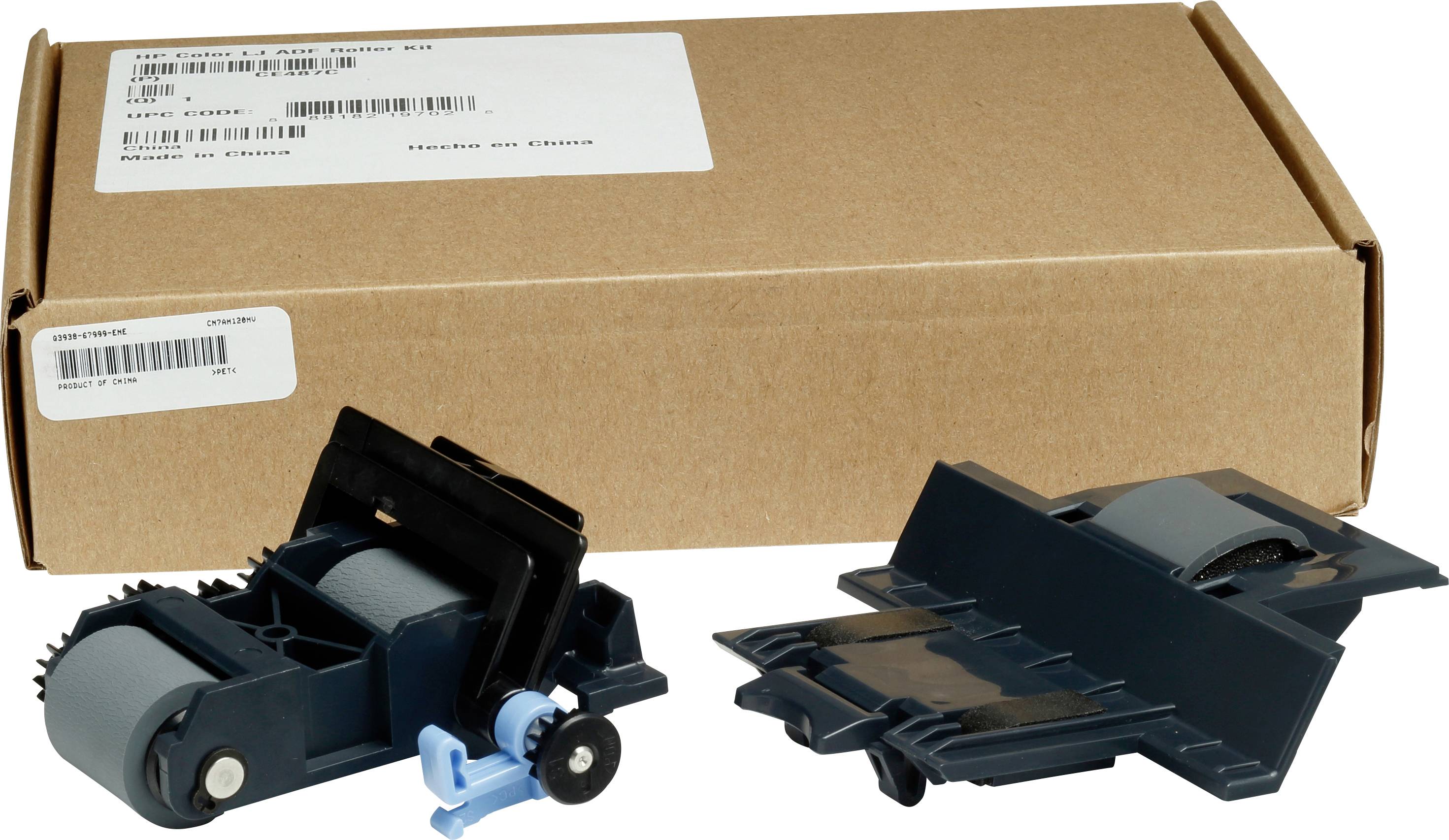 Ein Karton mit Ersatzteilen für Drucker, einschließlich zwei Walzenhalterungen. Geeignet für HP LaserJet 4200 Druckermodell.