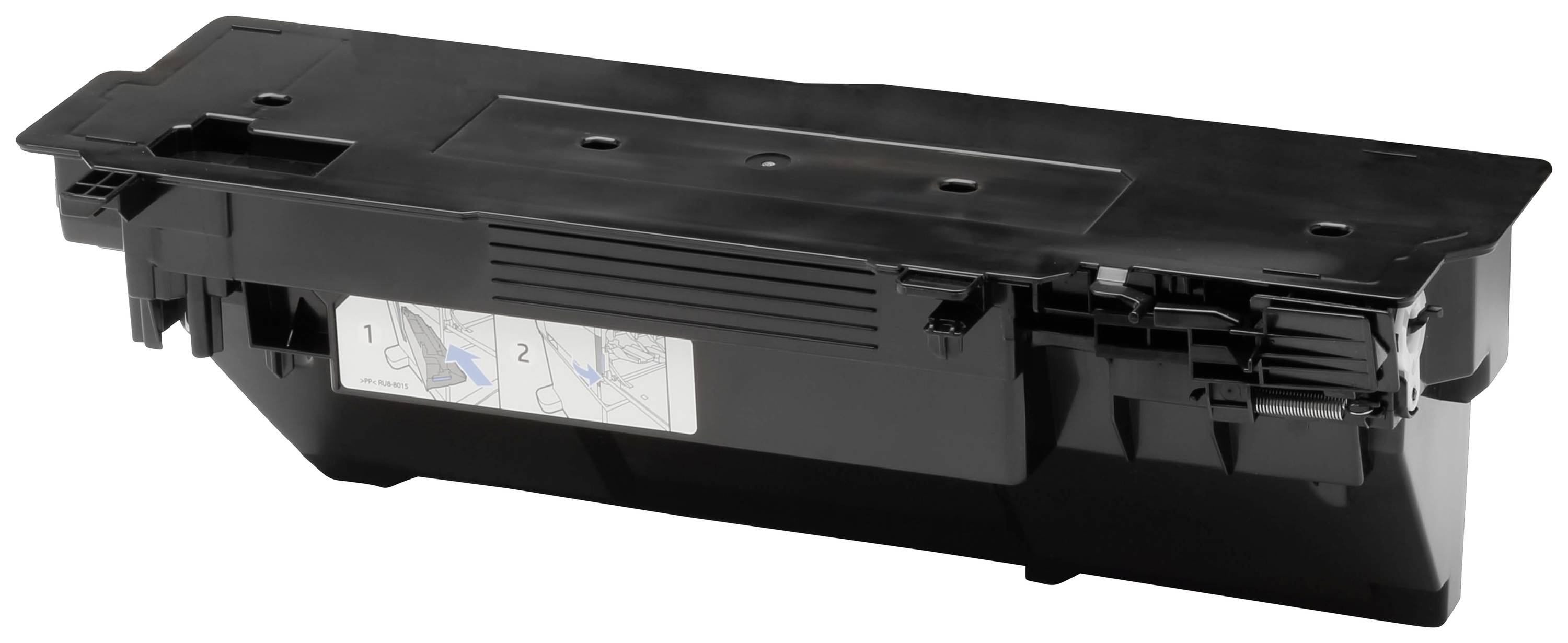 Ein schwarzer Tonerbehälter für einen Laserdrucker auf einem weißen Hintergrund mit zwei Anweisungsbildern an der Seite.