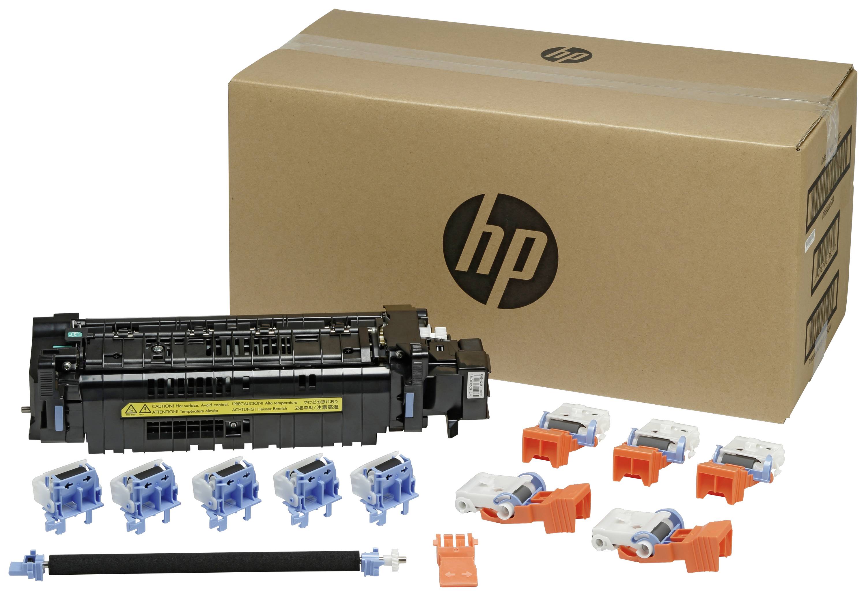 HP-Druckerwartungsset mit Tonerkassette, mehreren Druckerteilen und einer braunen Box mit HP-Logo.