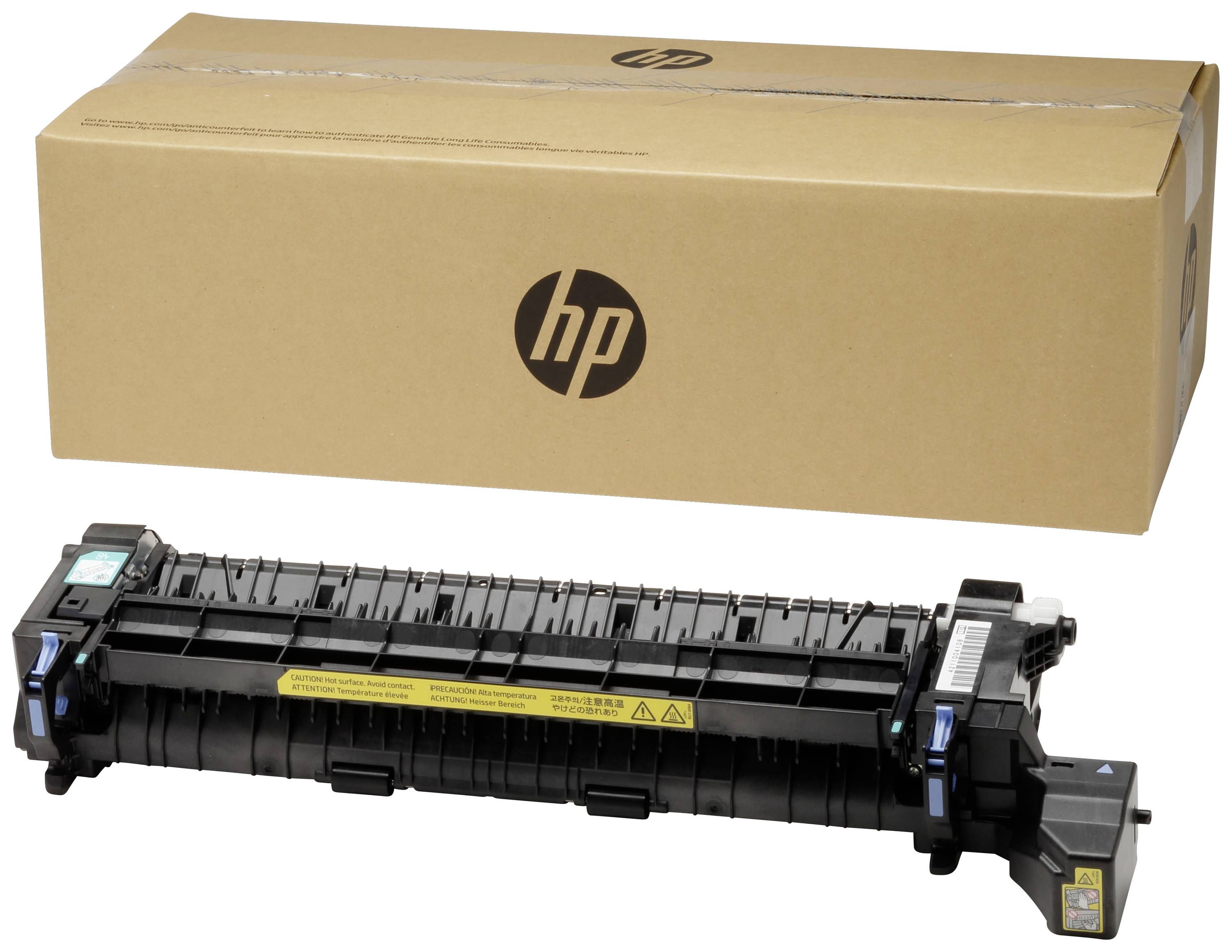 Ein Drucker-Ersatzteil liegt vor einer HP-Verpackung.