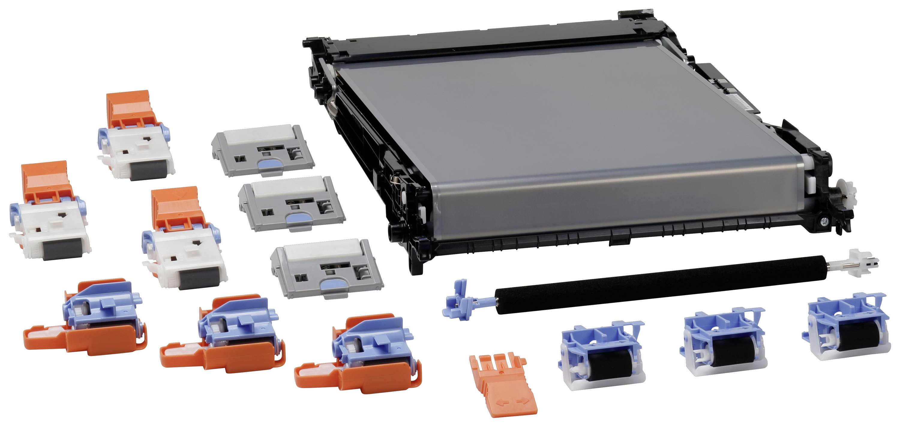 Bausatz für elektronisches Gerät mit mehreren Plastikteilen in Orange, Blau und Grau sowie einer schwarzen Rolle und einem rechteckigen Modul.