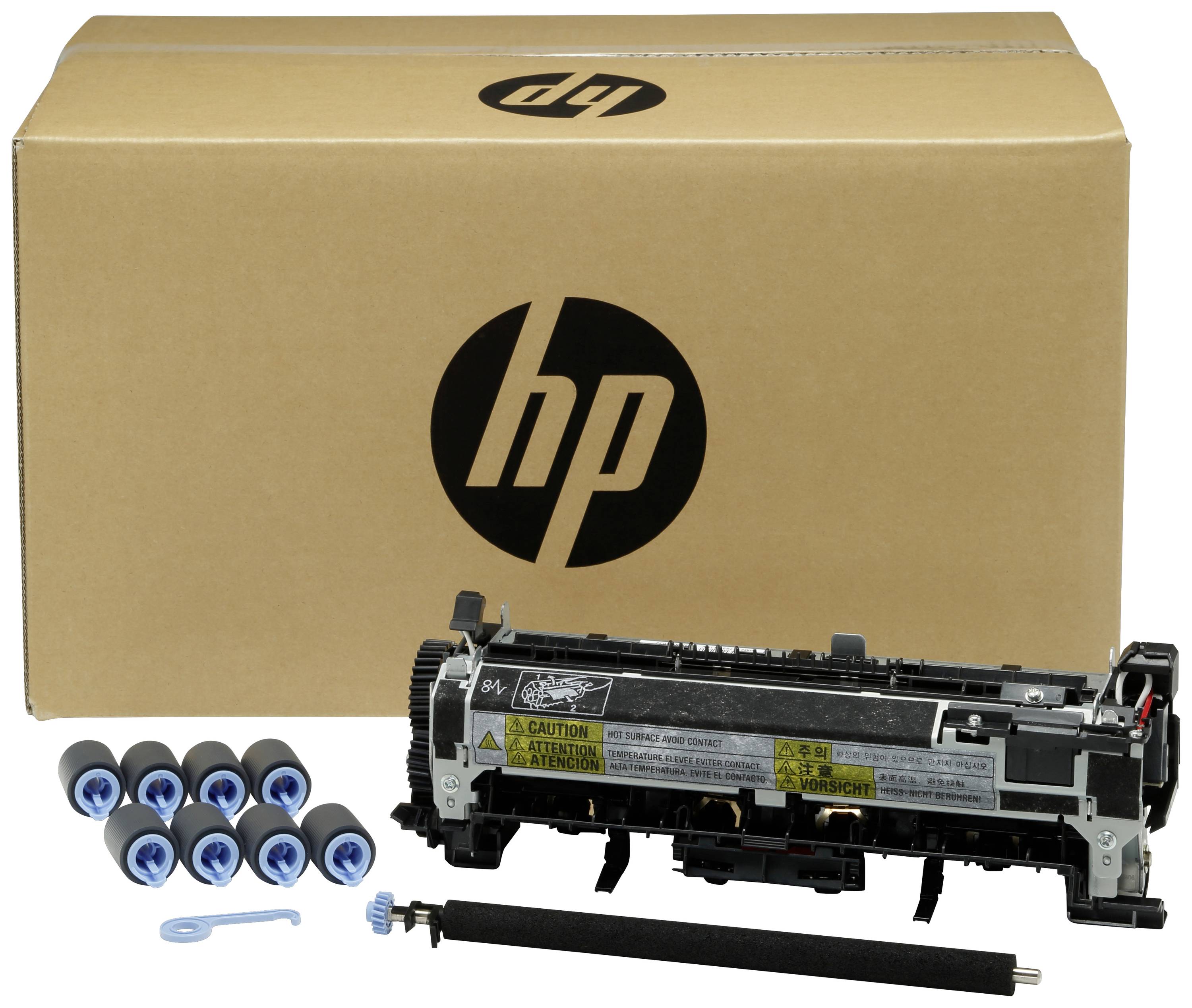 Kartonverpackung mit HP-Logo enthält Druckerzubehör: Fixiereinheit, Walzen und Werkzeuge. Für Druckerwartung und Teileaustausch.