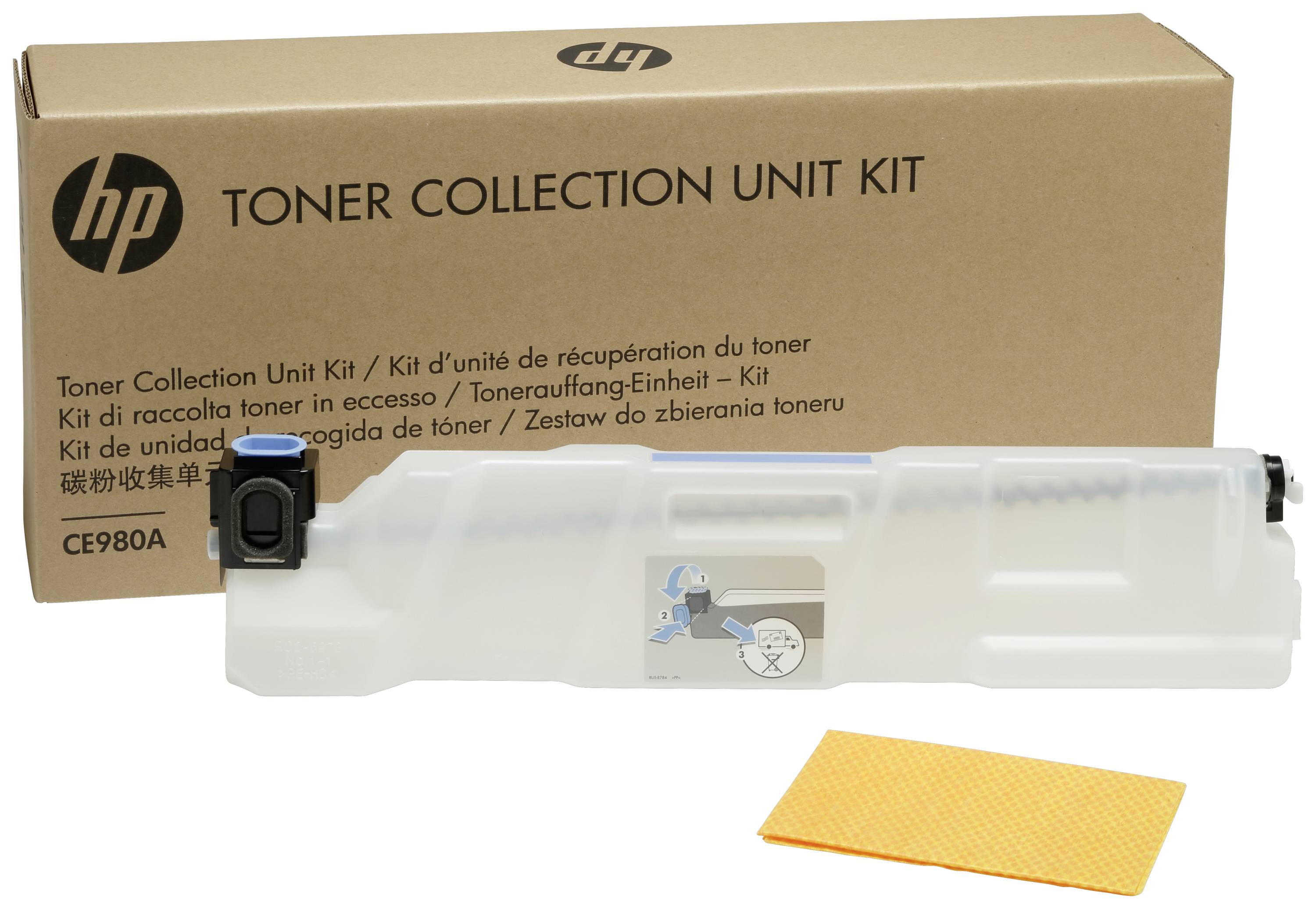'HP Toner Collection Unit Kit CE980A' mit Plastikbehälter und Reinigungsgewebe vor einer Kartonverpackung.