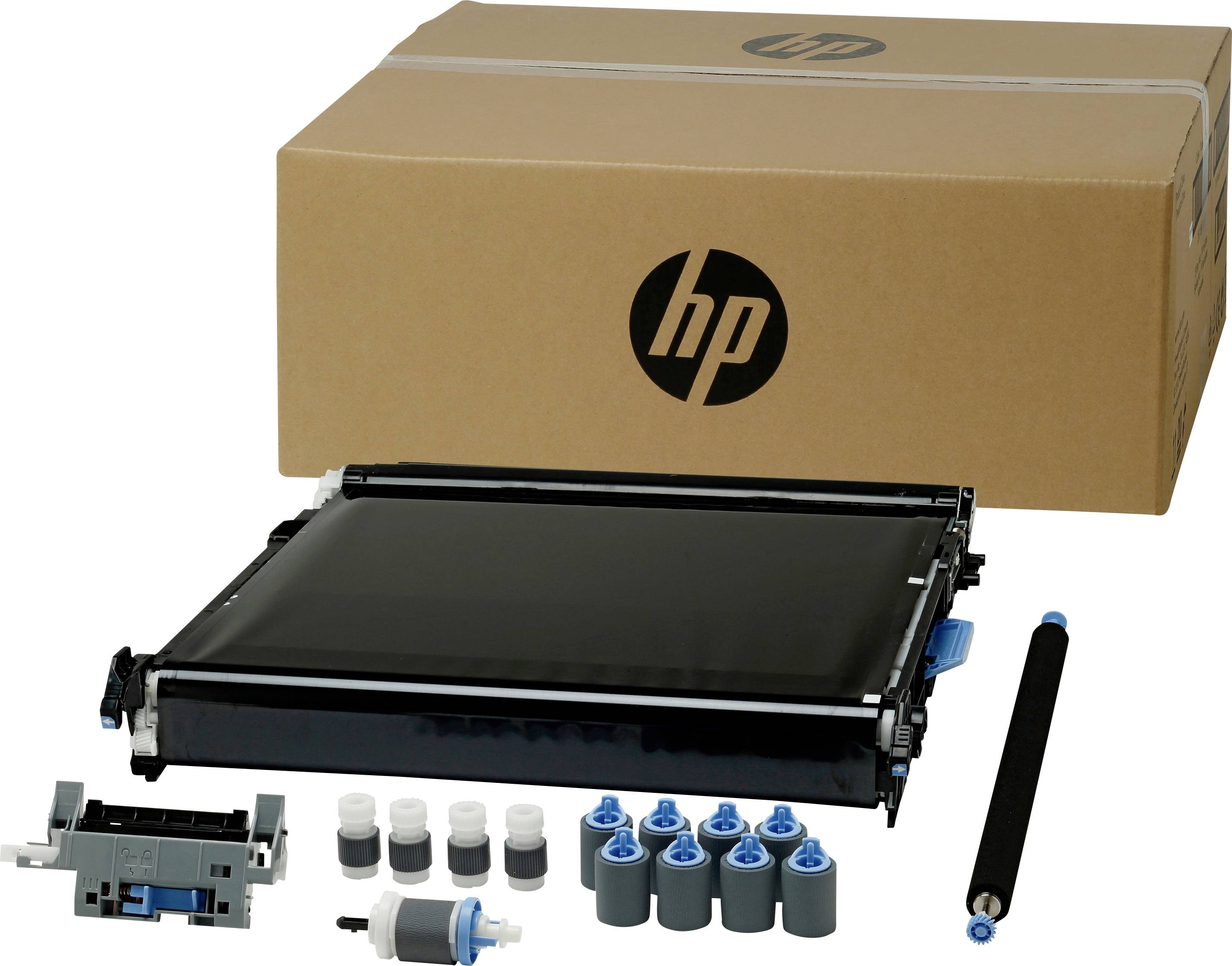 Eine Verpackung und verschiedene Druckerteile wie Trommel, Rollen und Schachtel eines HP-Druckerwartungskits sind abgebildet.